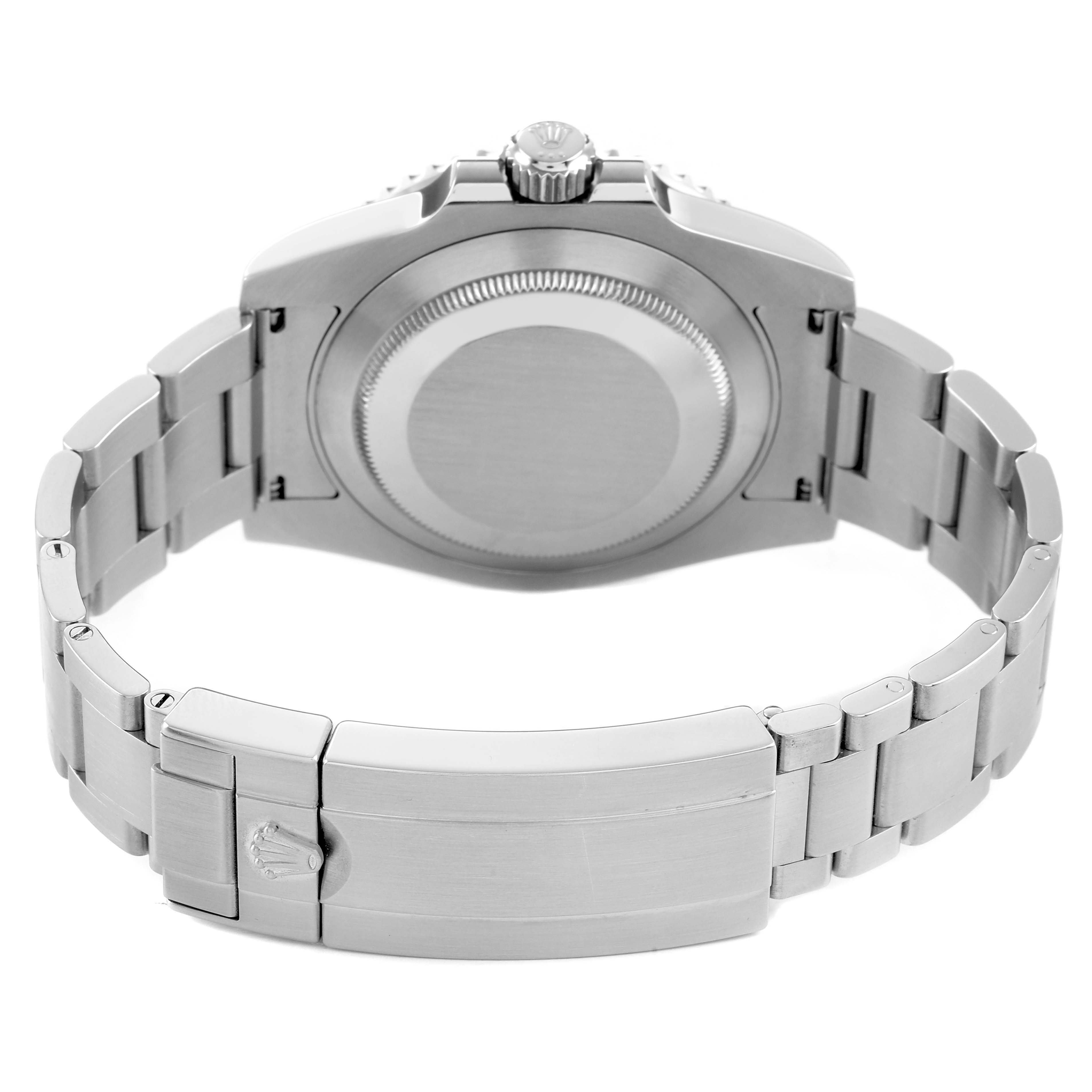 The image shows the back view of a Rolex Submariner 116610LN Men's Stainless Steel Black Dial, focusing on the case back and the bracelet with the clasp.