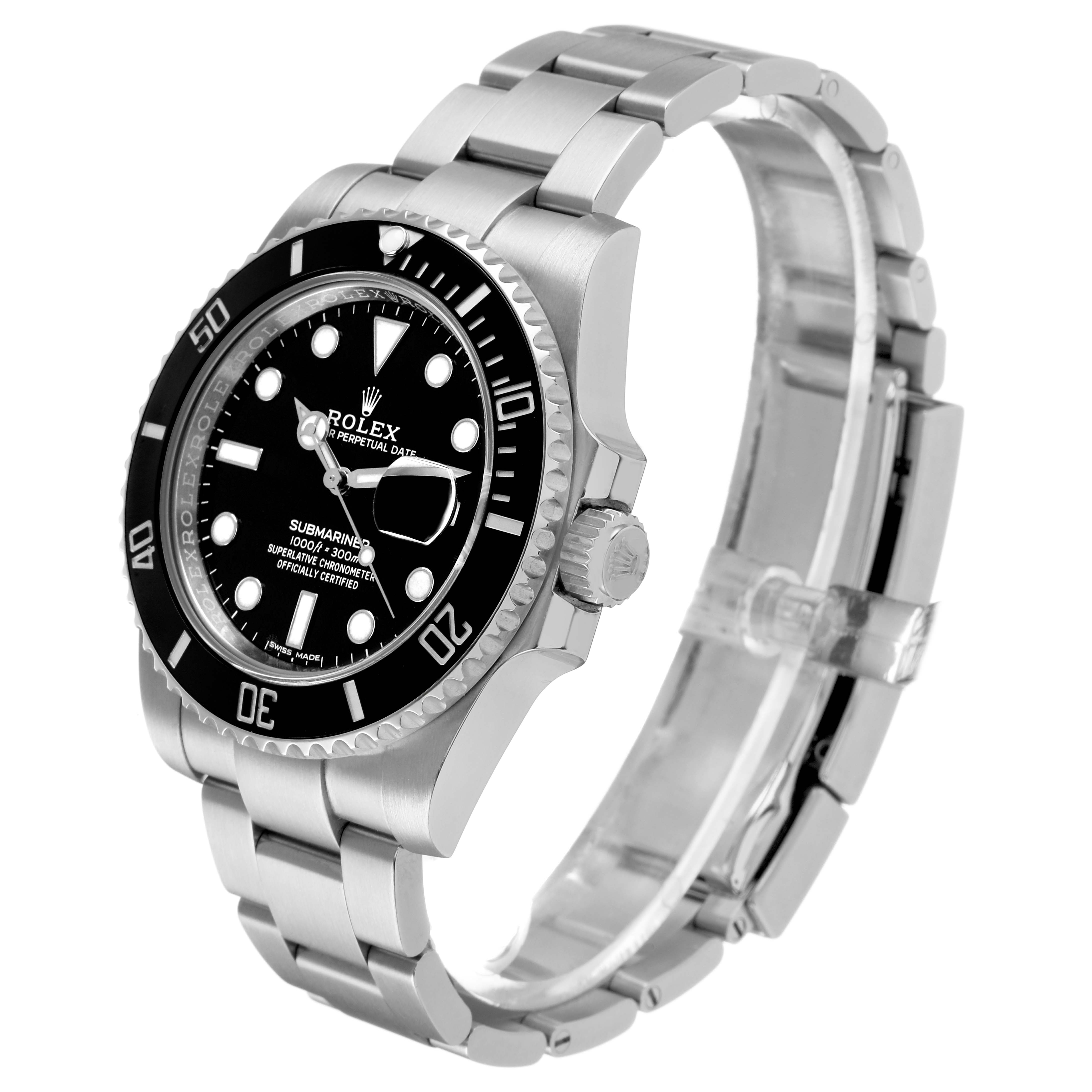 The Rolex Submariner 116610LN Men's Stainless Steel Black Dial watch is shown at an angled side view, displaying its face, bezel, crown, and metal bracelet.