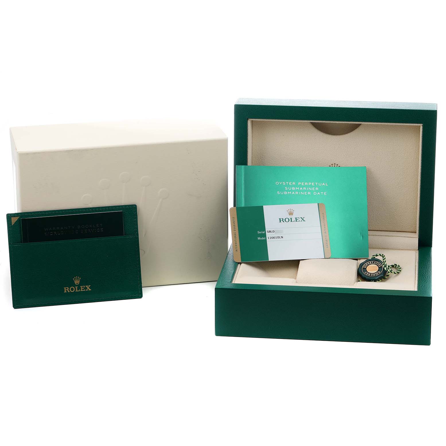The image shows a Rolex Submariner 116610LN Men's Stainless Steel Black Dial watch box, warranty booklet, authenticity card, and accessories at a frontal angle.