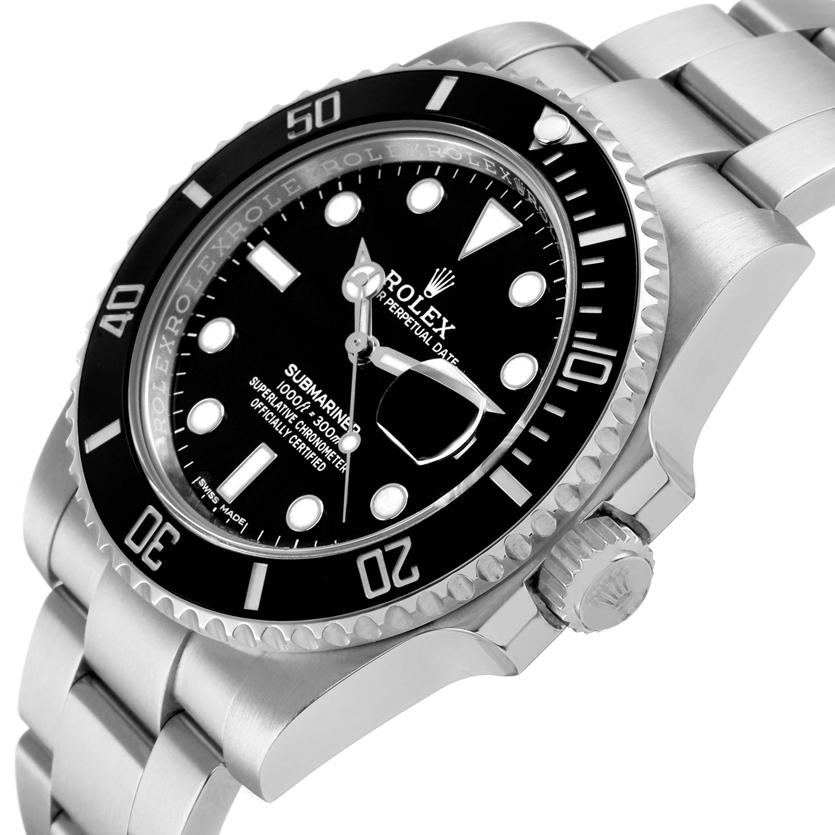 The image shows a Rolex Submariner 116610LN Men's Stainless Steel Black Dial watch at an angled view, highlighting the dial, bezel, crown, and part of the bracelet.