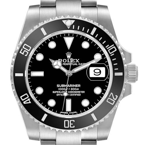 The Rolex Submariner 116610LN Men's Stainless Steel Black Dial watch is shown from a top angle, highlighting the dial, bezel, and crown.