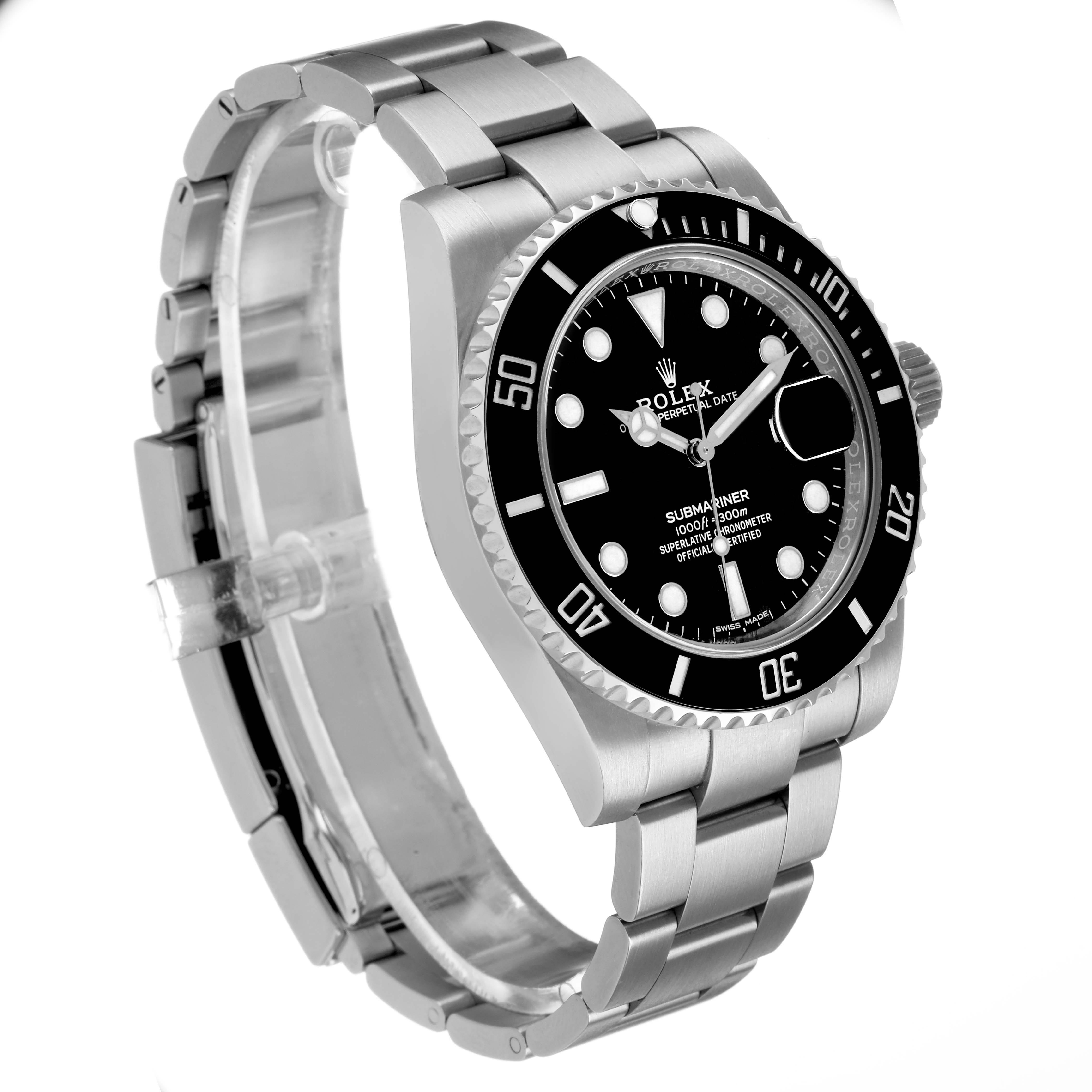 The Rolex Submariner 116610LN Men's Stainless Steel Black Dial watch is shown at a three-quarter angle, highlighting the dial, bezel, and bracelet.