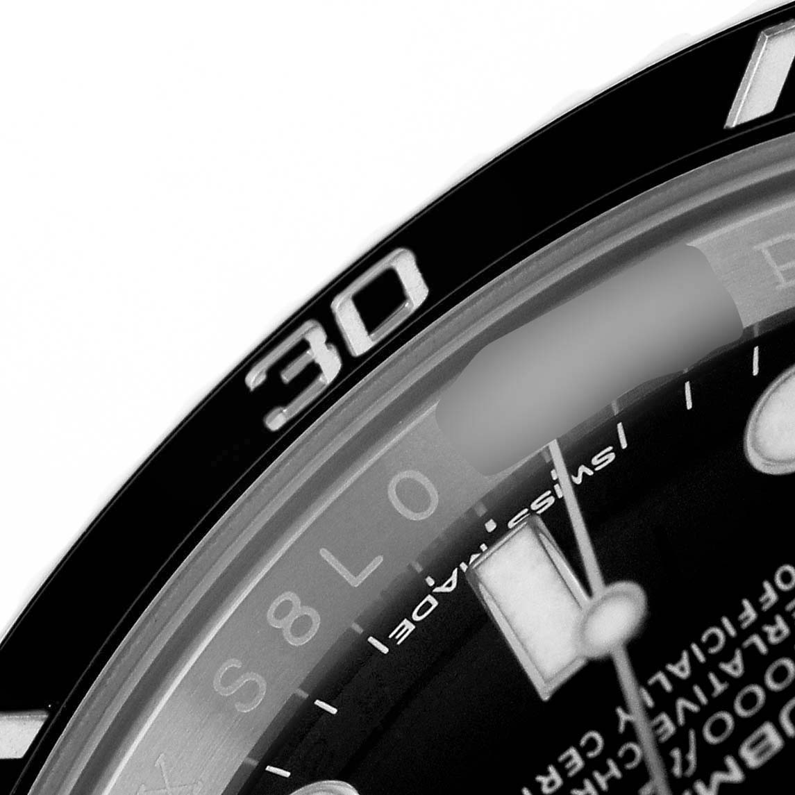 The image shows a close-up of the bezel and part of the dial of a Rolex Submariner 116610LN Men's Stainless Steel Black Dial, focusing on the numeral "30" and text details.