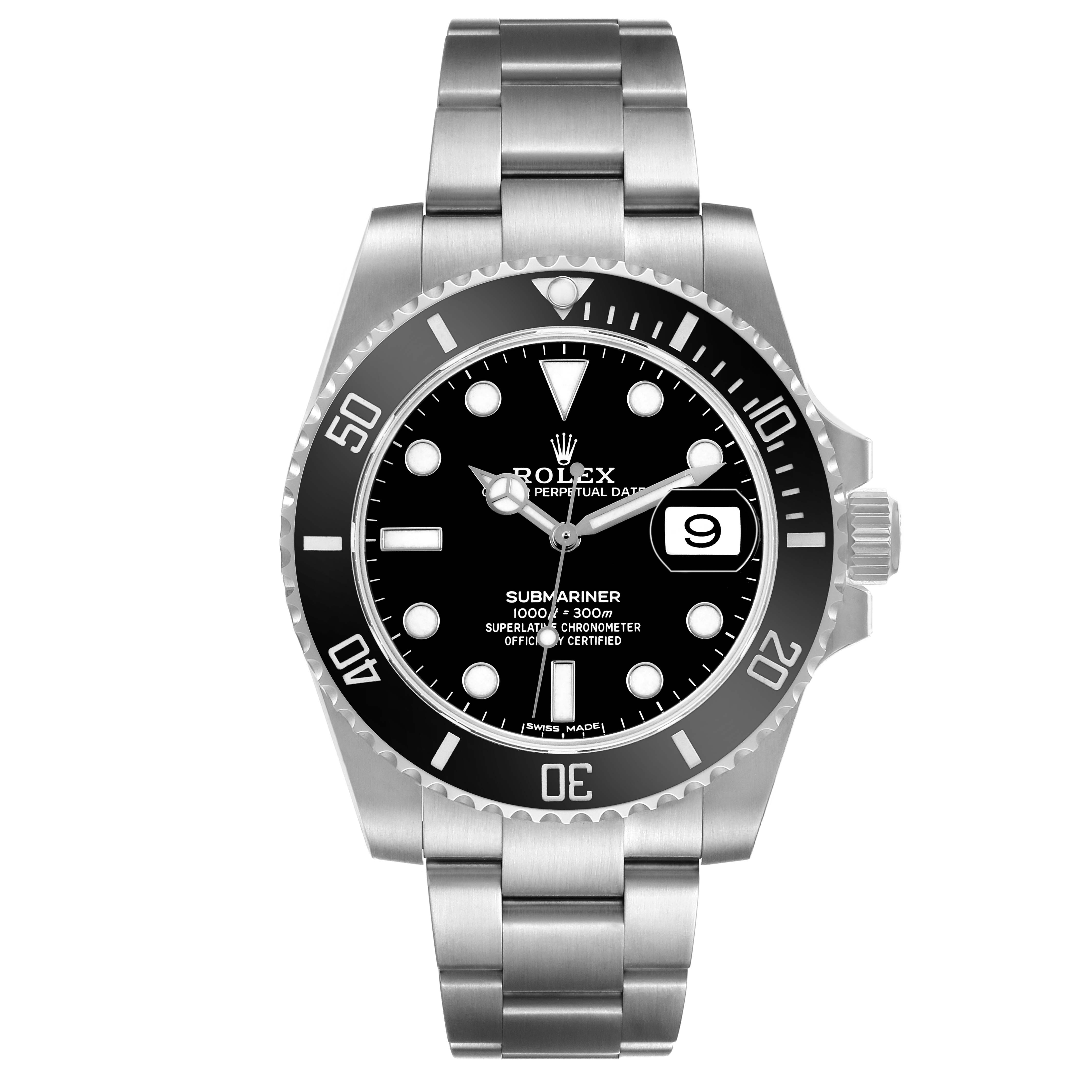 The Rolex Submariner 116610LN Men's Stainless Steel Black Dial watch is shown from the front, displaying its dial, bezel, bracelet, and crown.