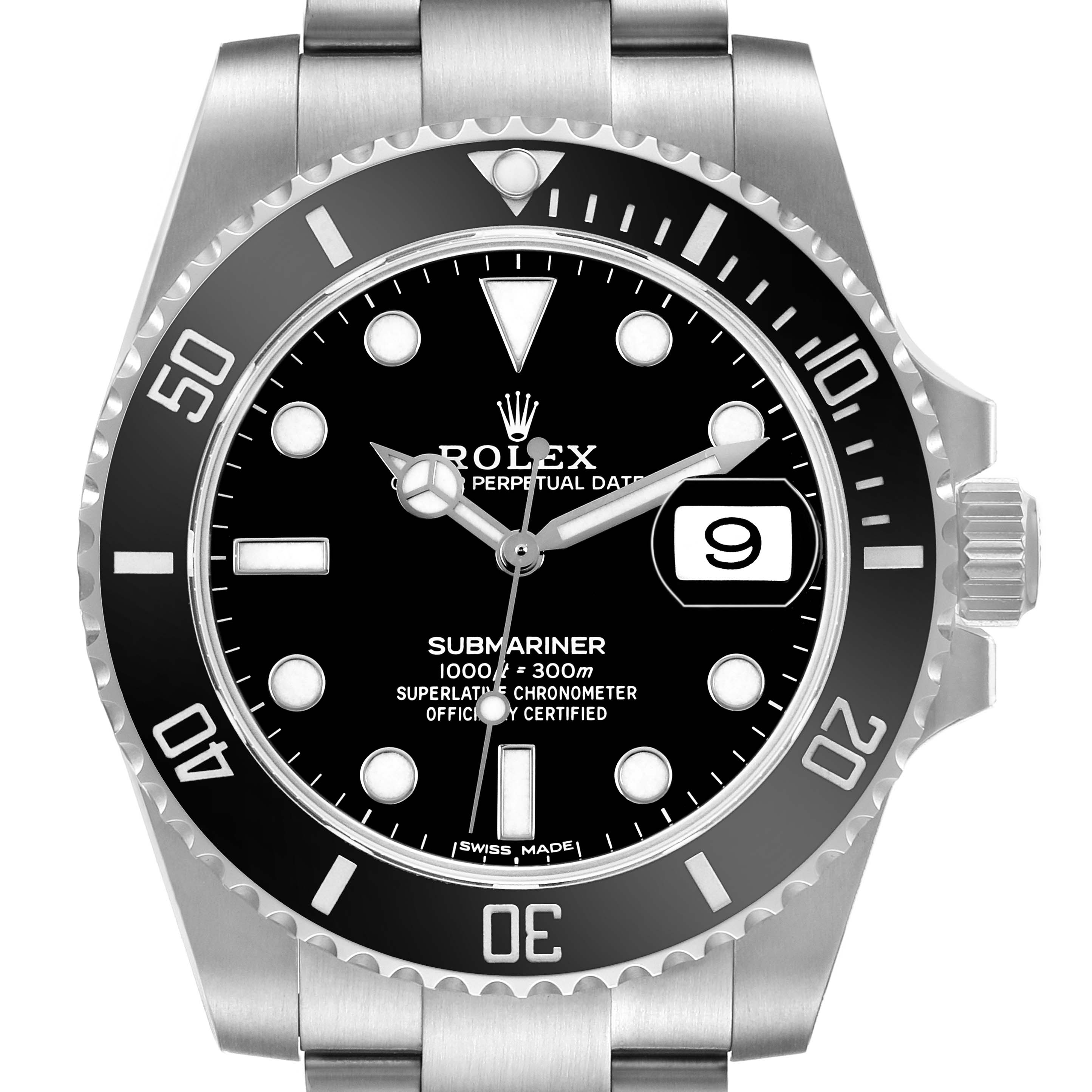 The Rolex Submariner 116610LN Men's Stainless Steel Black Dial watch is shown from a frontal angle, highlighting the dial, bezel, bracelet, and crown.