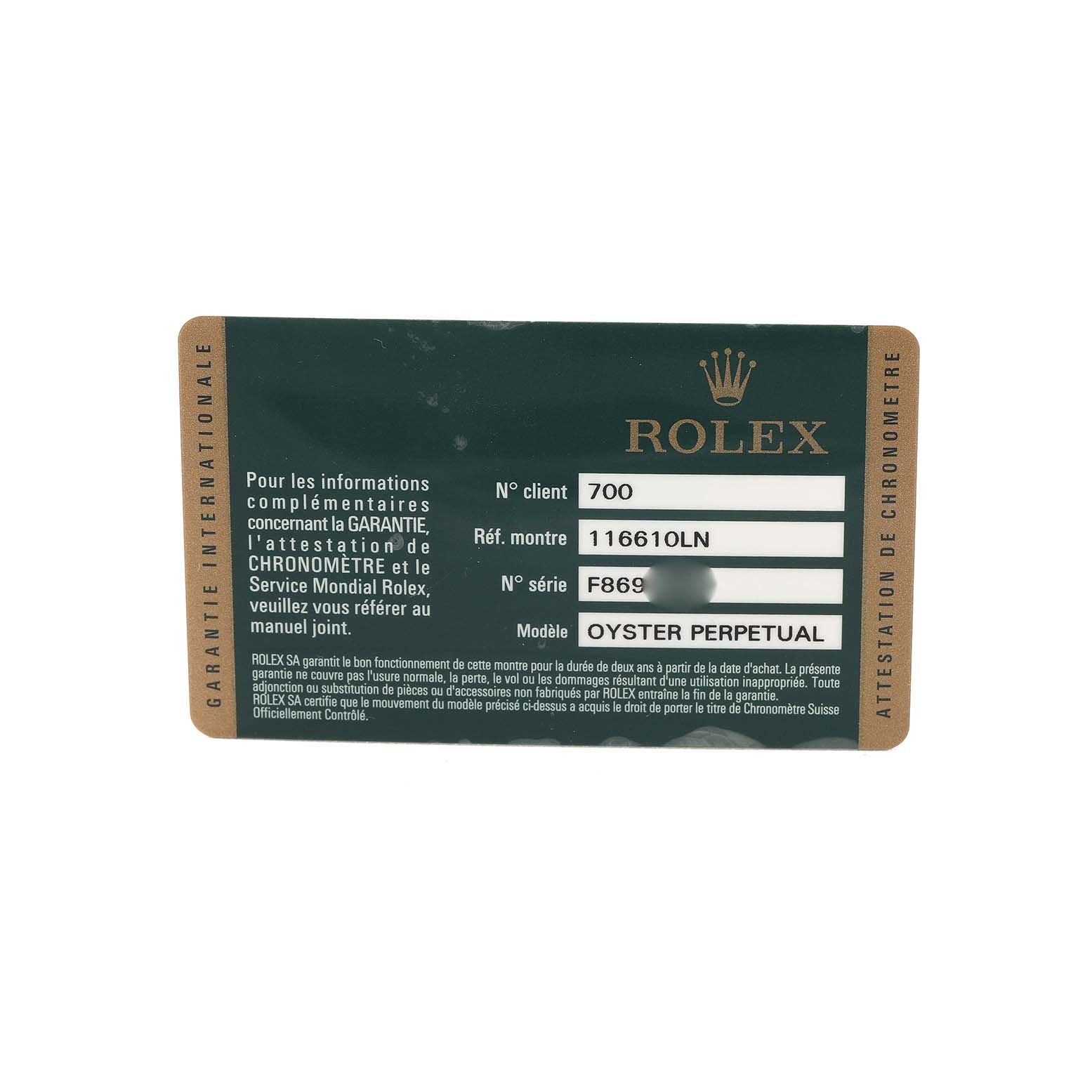 This image shows the warranty card for a Rolex Submariner 116610LN Men's Stainless Steel Black Dial, displaying model, reference, and serial numbers.