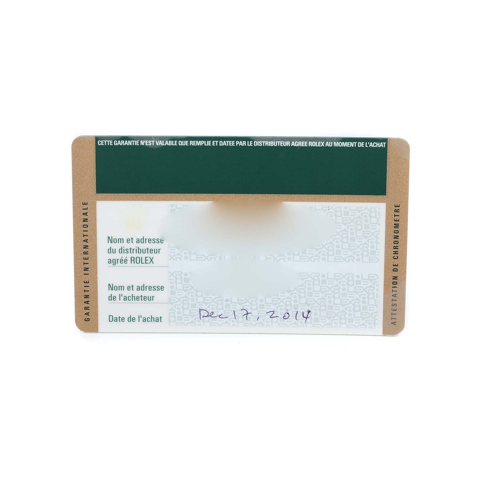 The image shows a warranty card for a Rolex Submariner 116610LN Men's Stainless Steel Black Dial, detailing purchase information.