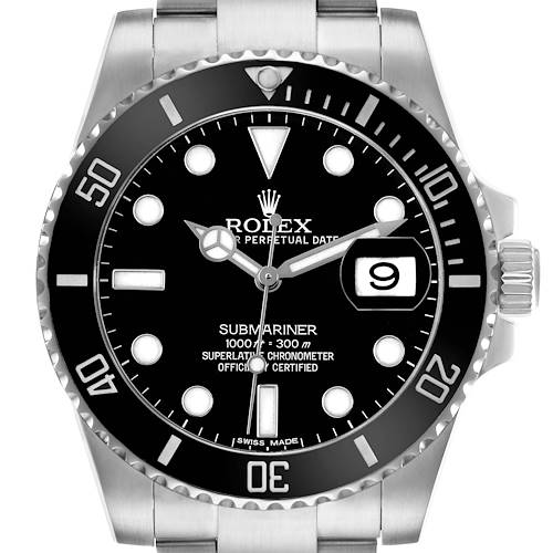 The image shows a front view of a Rolex Submariner 116610LN Men's Stainless Steel Black Dial, highlighting the dial, bezel, and date window.