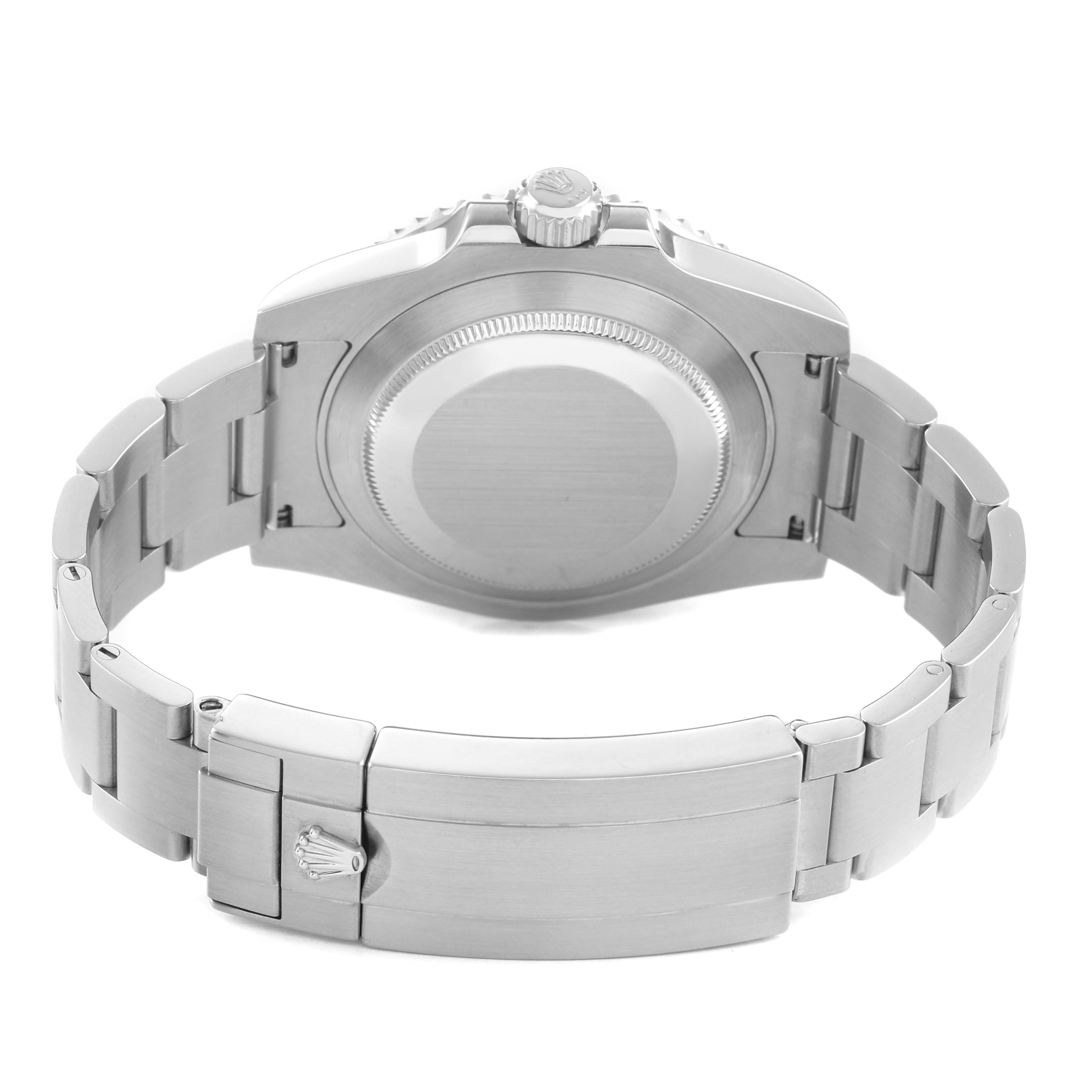 The image shows the back of a Rolex Submariner 116610LN Men's Stainless Steel Black Dial, highlighting the case back, crown, and bracelet clasp.