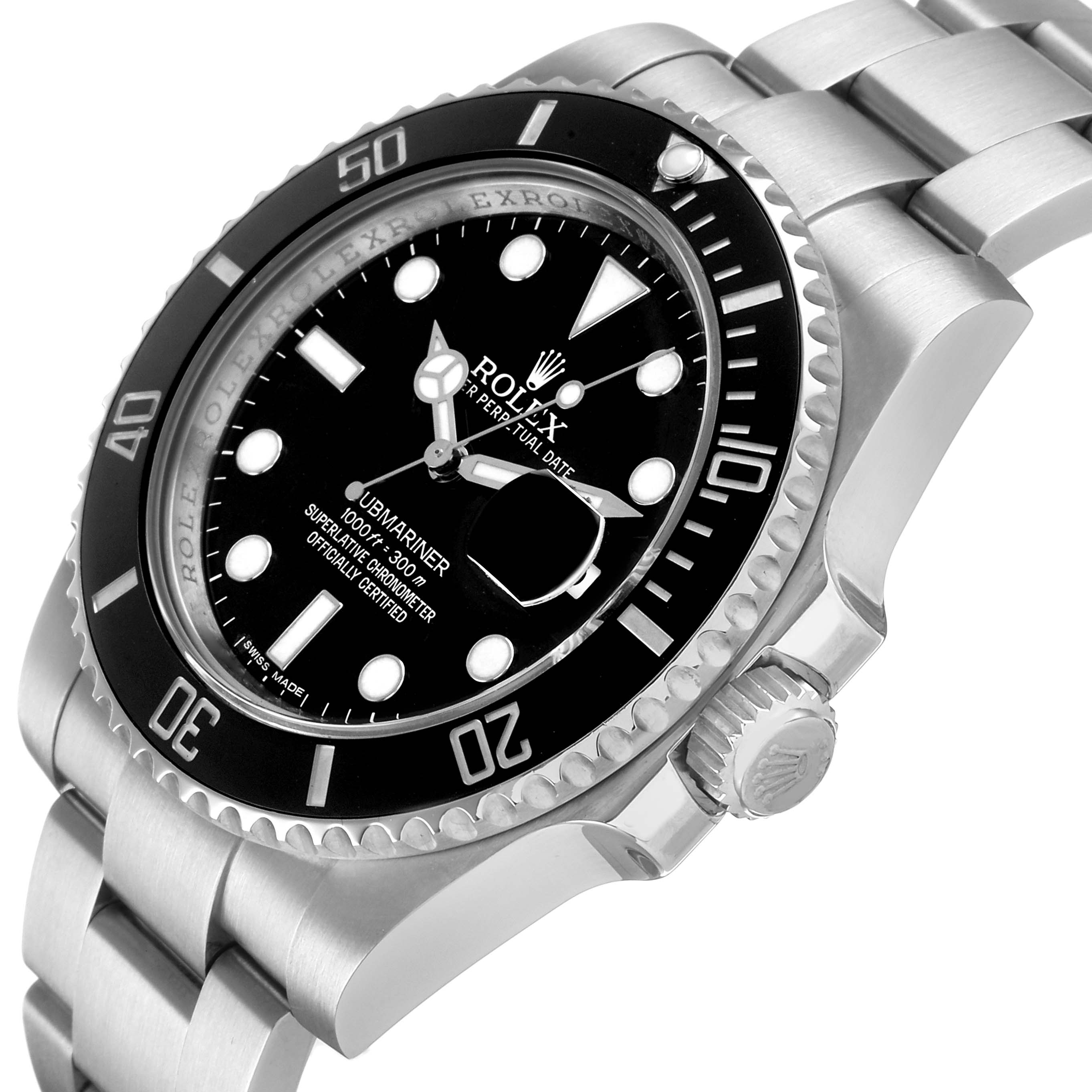 The Rolex Submariner 116610LN Men's Stainless Steel Black Dial is shown from an angled side view, highlighting the dial, bezel, crown, and part of the bracelet.