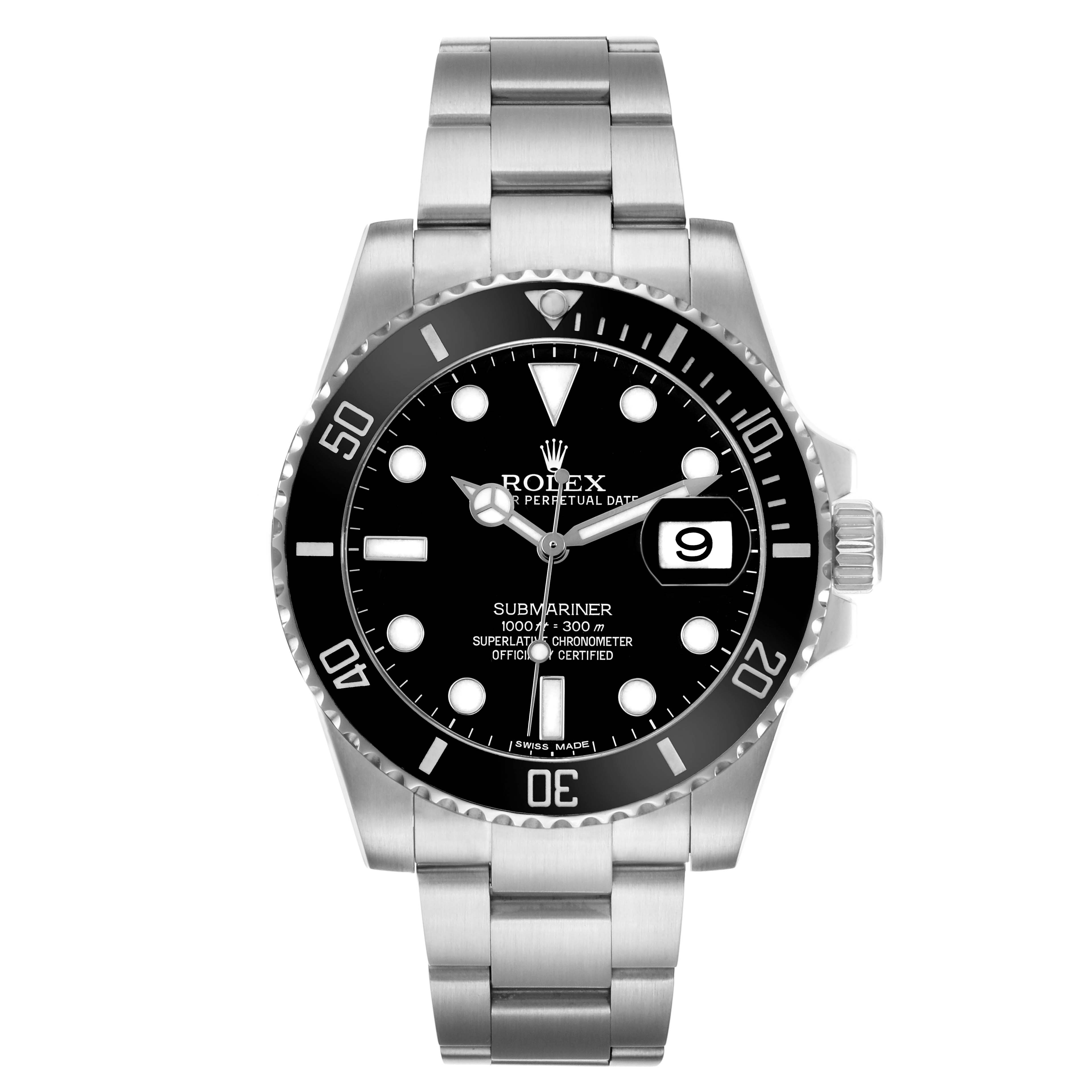 The Rolex Submariner 116610LN Men's Stainless Steel Black Dial watch is shown from a direct front angle, displaying the bezel, dial, and bracelet.