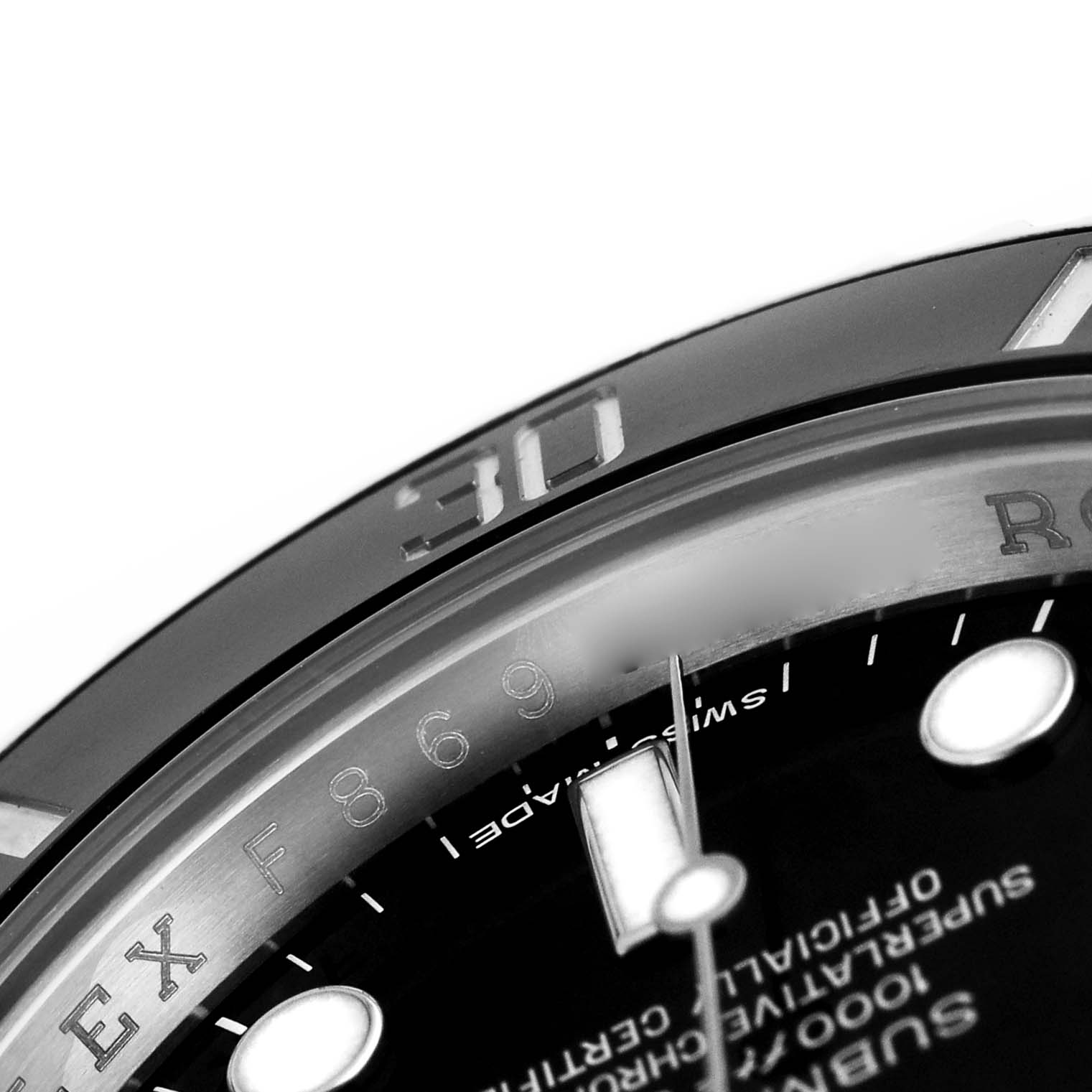 The image shows a close-up of the bezel and dial on a Rolex Submariner 116610LN Men's Stainless Steel Black Dial, highlighting the "30" mark and part of the minute scale.