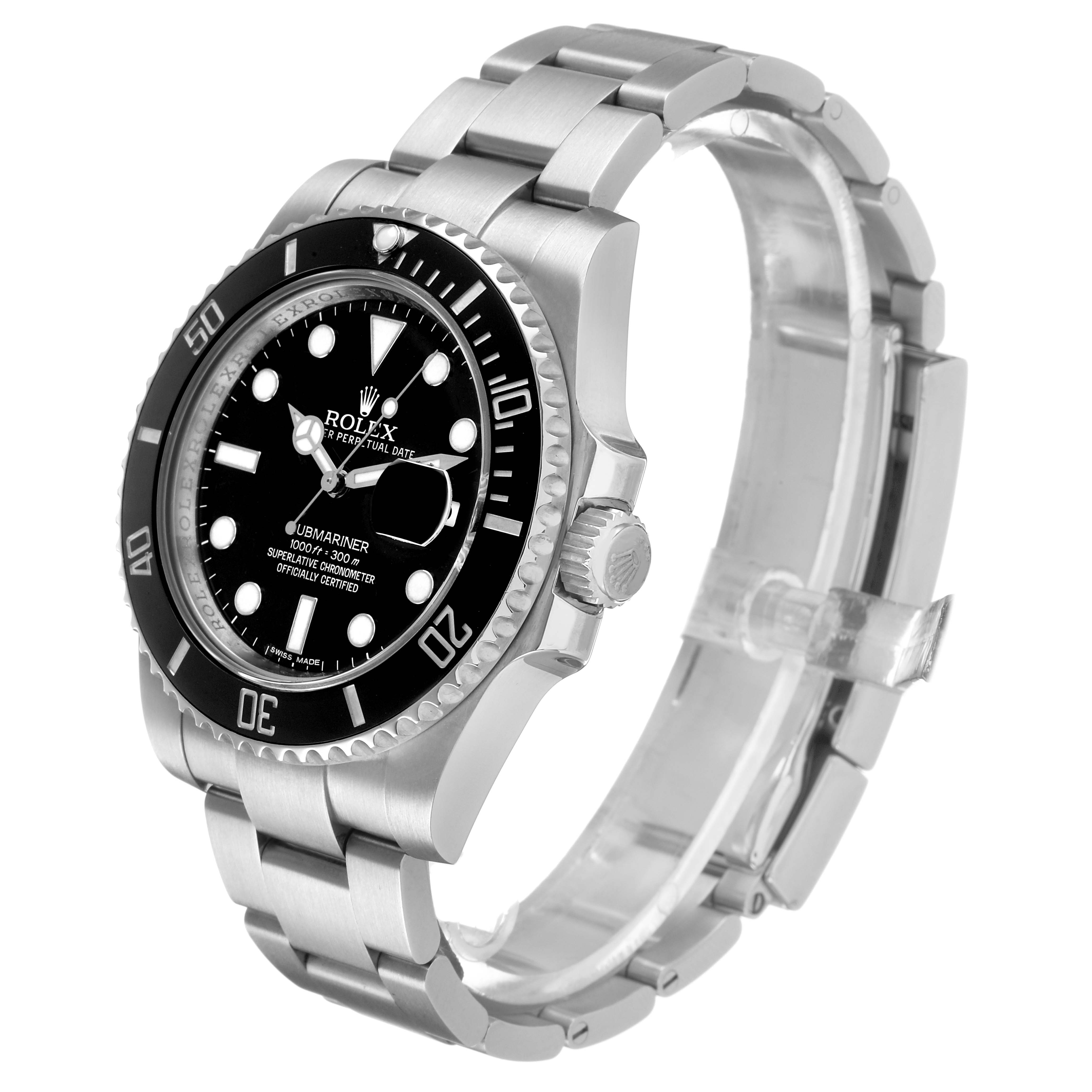 The Rolex Submariner 116610LN Men's Stainless Steel Black Dial watch is shown from a three-quarter angle, highlighting the face, bezel, case, and bracelet.