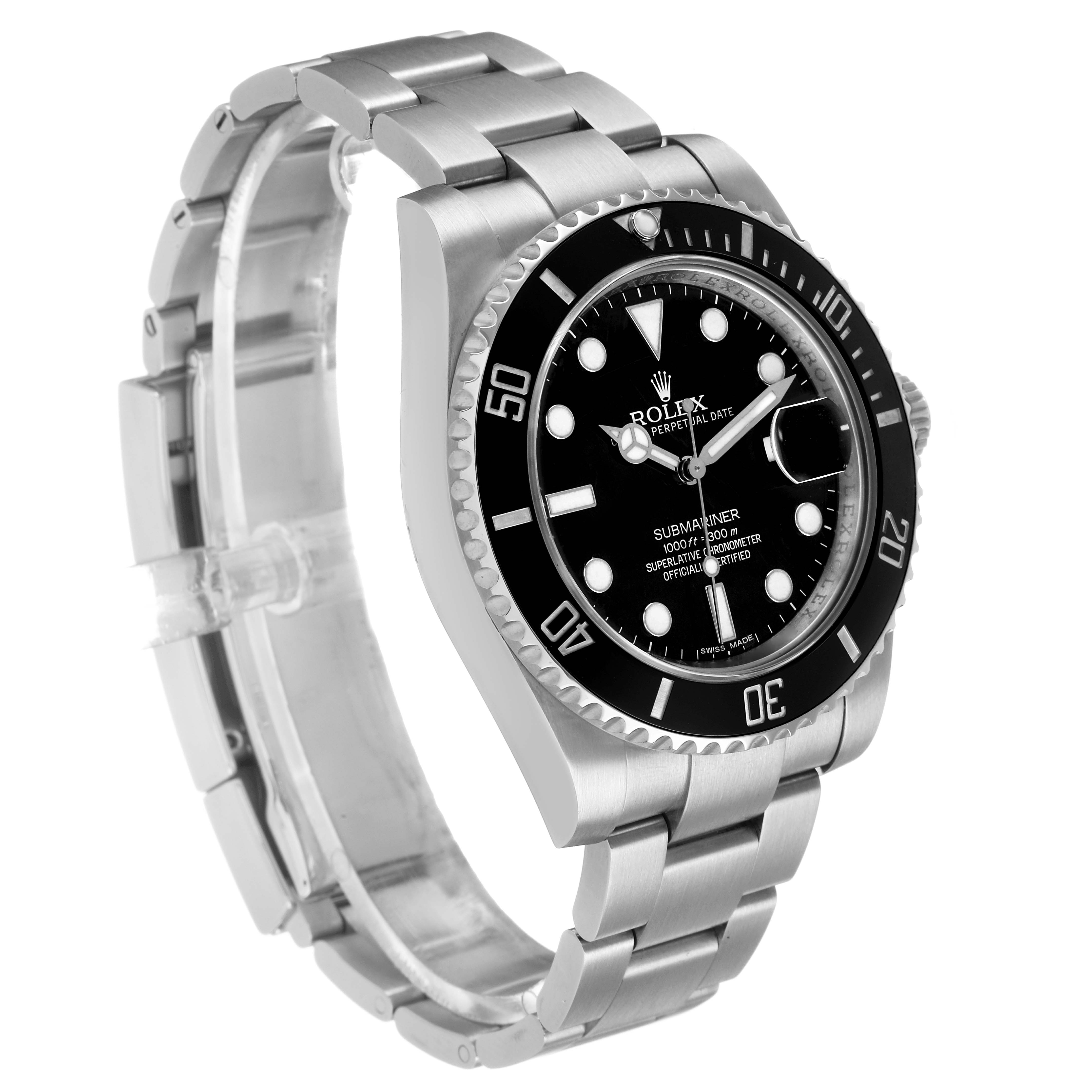The image shows a Rolex Submariner 116610LN Men's Stainless Steel Black Dial watch at a three-quarter angle, highlighting the bezel, dial, and bracelet.