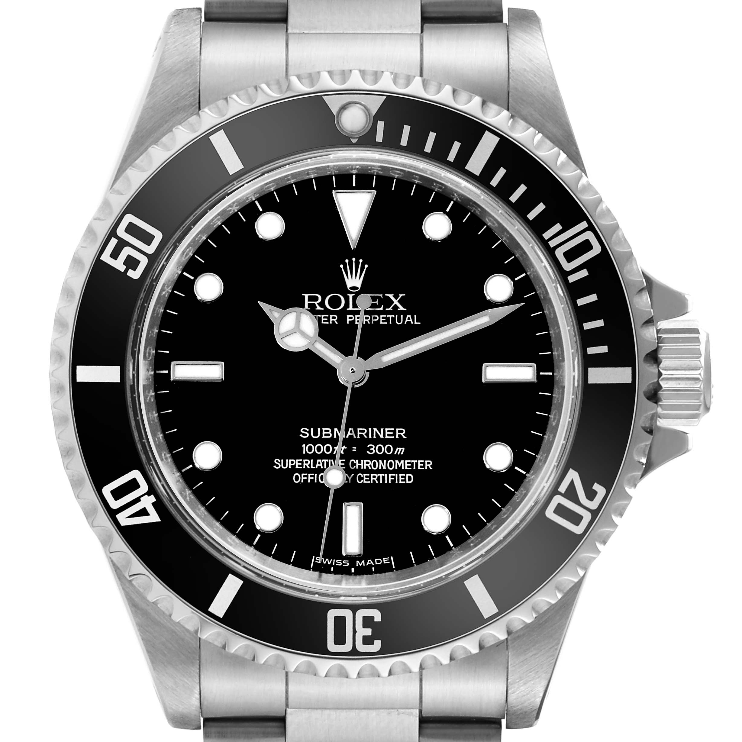 The image shows a frontal view of a Rolex Submariner 14060 Men
s Stainless Steel Black Dial 14060 Men
s Stainless Steel Black Dial watch, displaying the dial, bezel, and part of the bracelet.