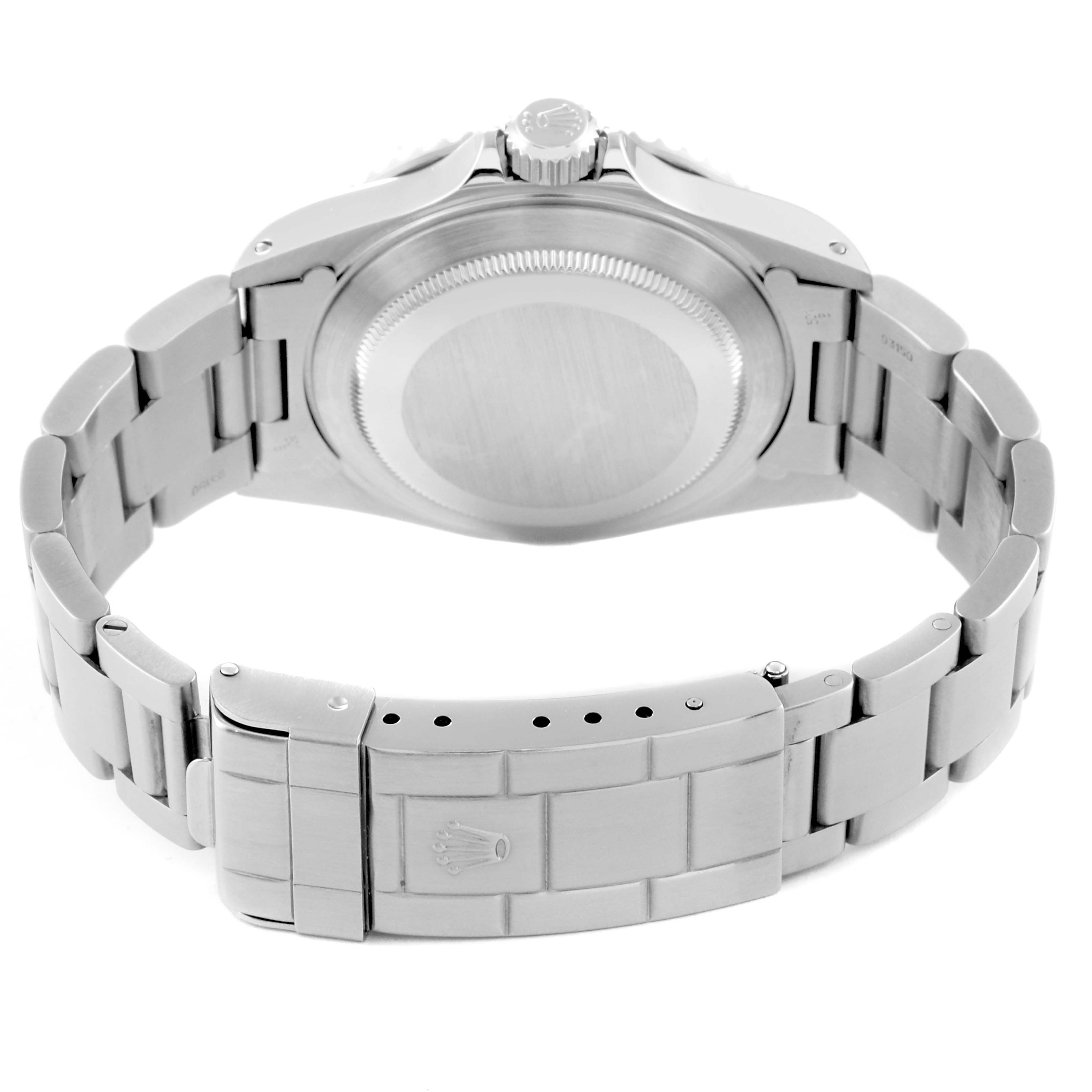 The image shows the back and clasp of a Rolex Submariner 14060 Men
s Stainless Steel Black Dial 14060 Men
s Stainless Steel Black Dial watch from a slightly elevated angle.