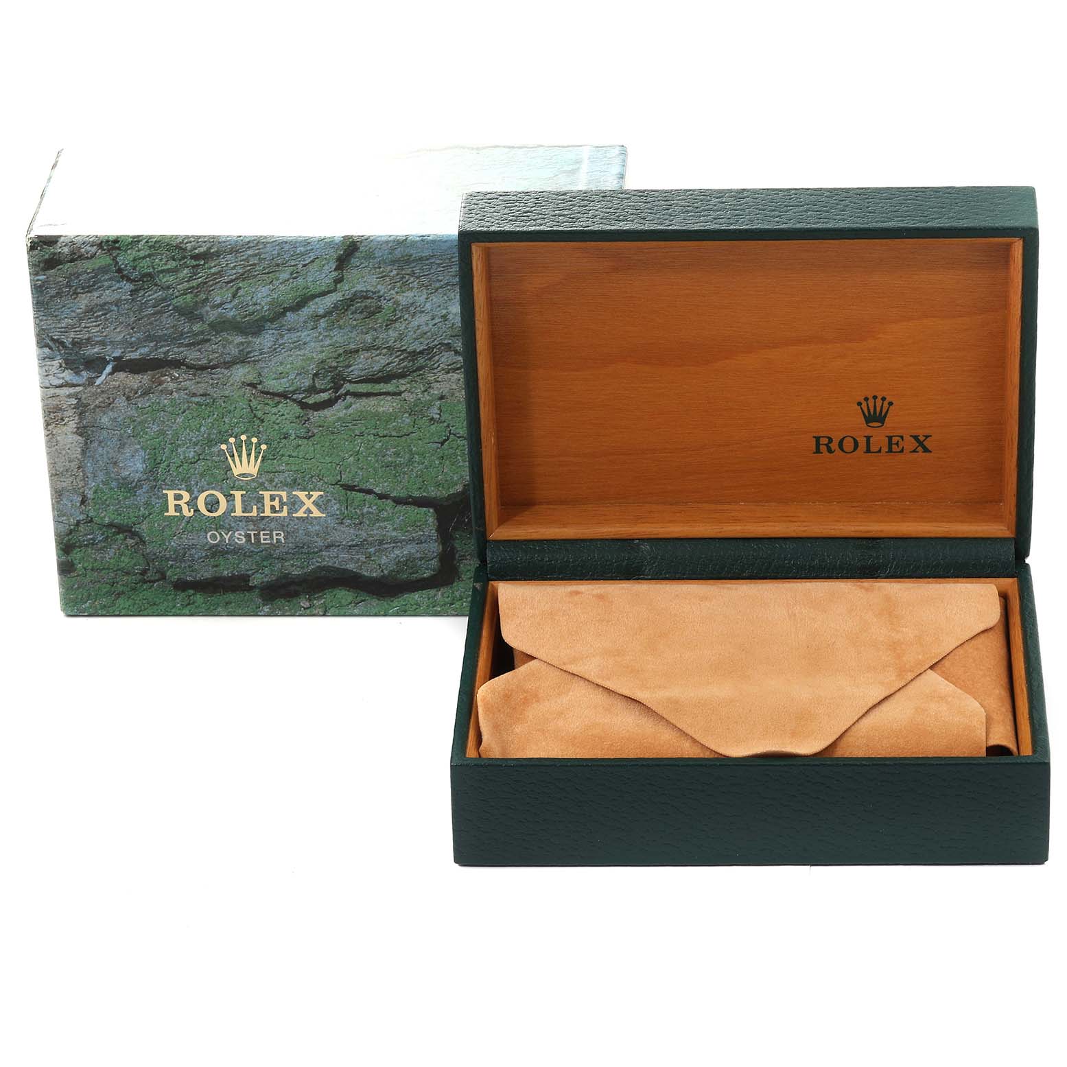 The image shows a Rolex Submariner 14060 Men
s Stainless Steel Black Dial 14060 Men
s Stainless Steel Black Dial watch box, with its lid open and a suede pouch inside.
