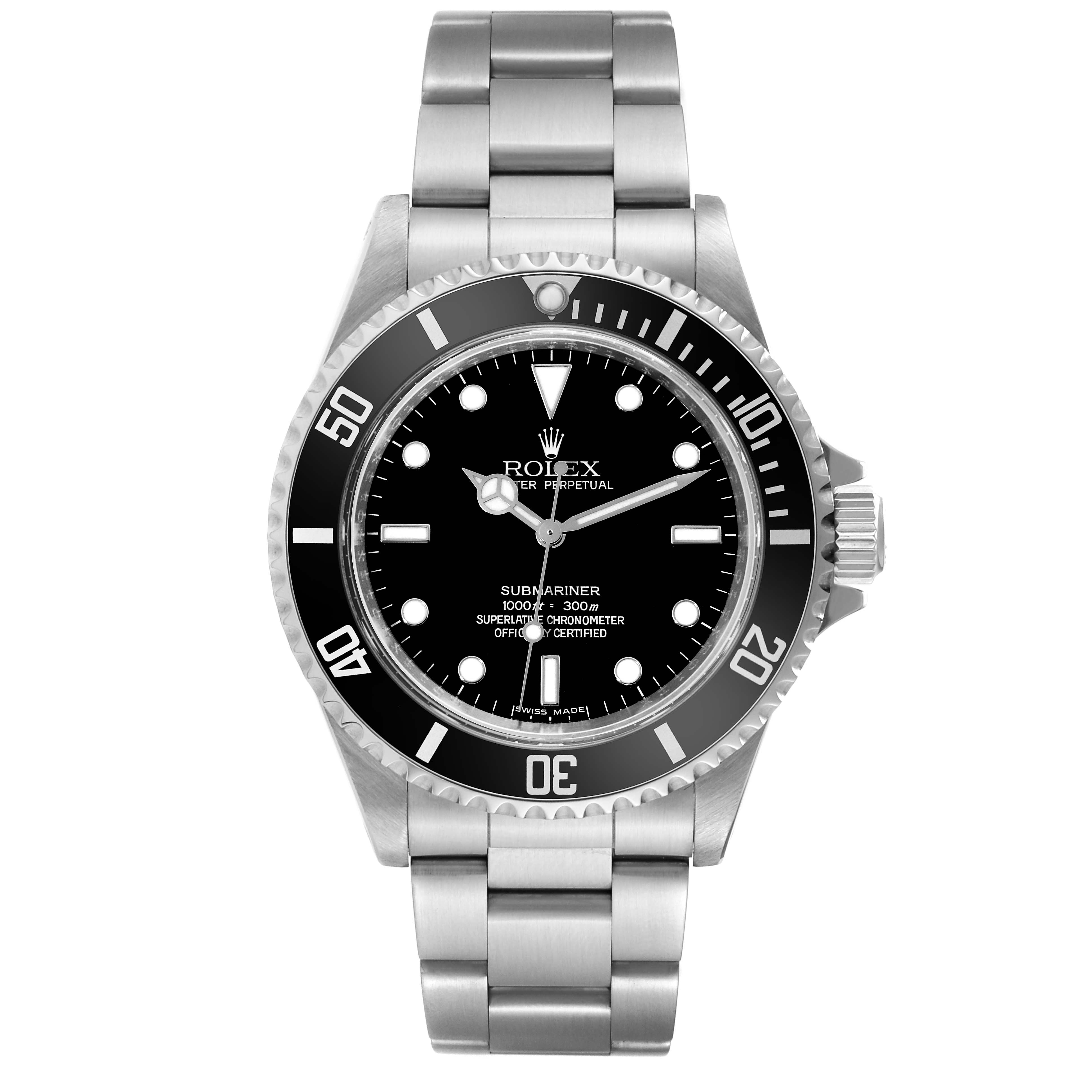 The image shows a Rolex Submariner 14060 Men
s Stainless Steel Black Dial 14060 Men
s Stainless Steel Black Dial watch from a front angle, displaying the dial, bezel, crown, and bracelet.