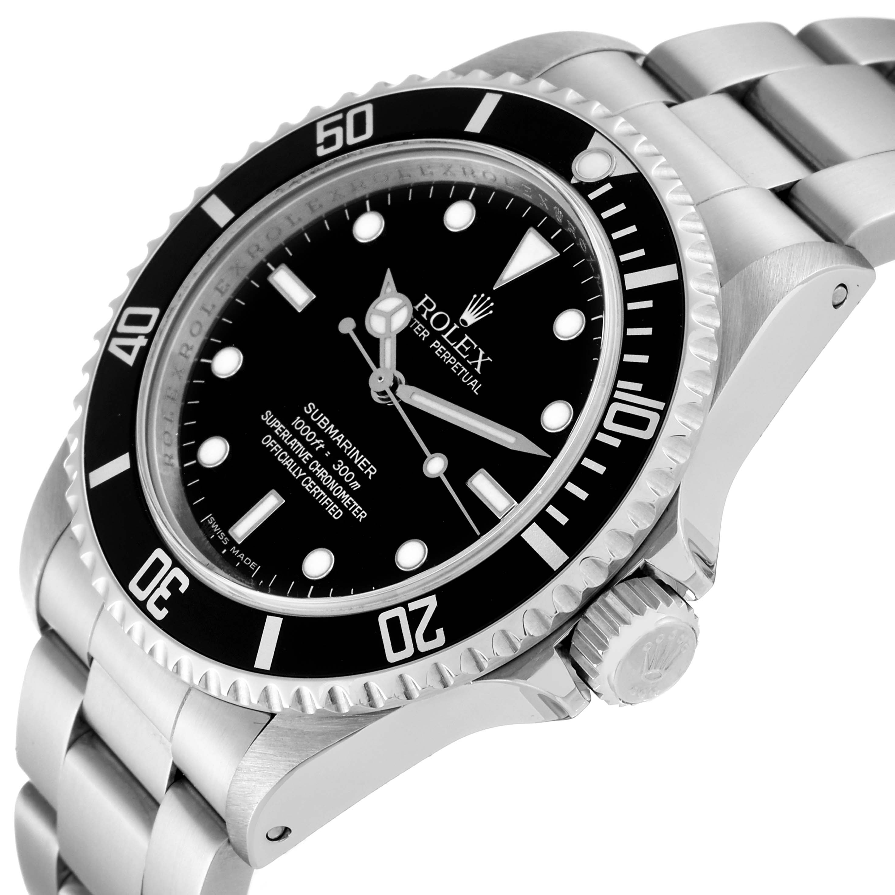 The image shows an angled view of the Rolex Submariner 14060 Men
s Stainless Steel Black Dial 14060 Men
s Stainless Steel Black Dial, highlighting its bezel, dial, crown, and bracelet.