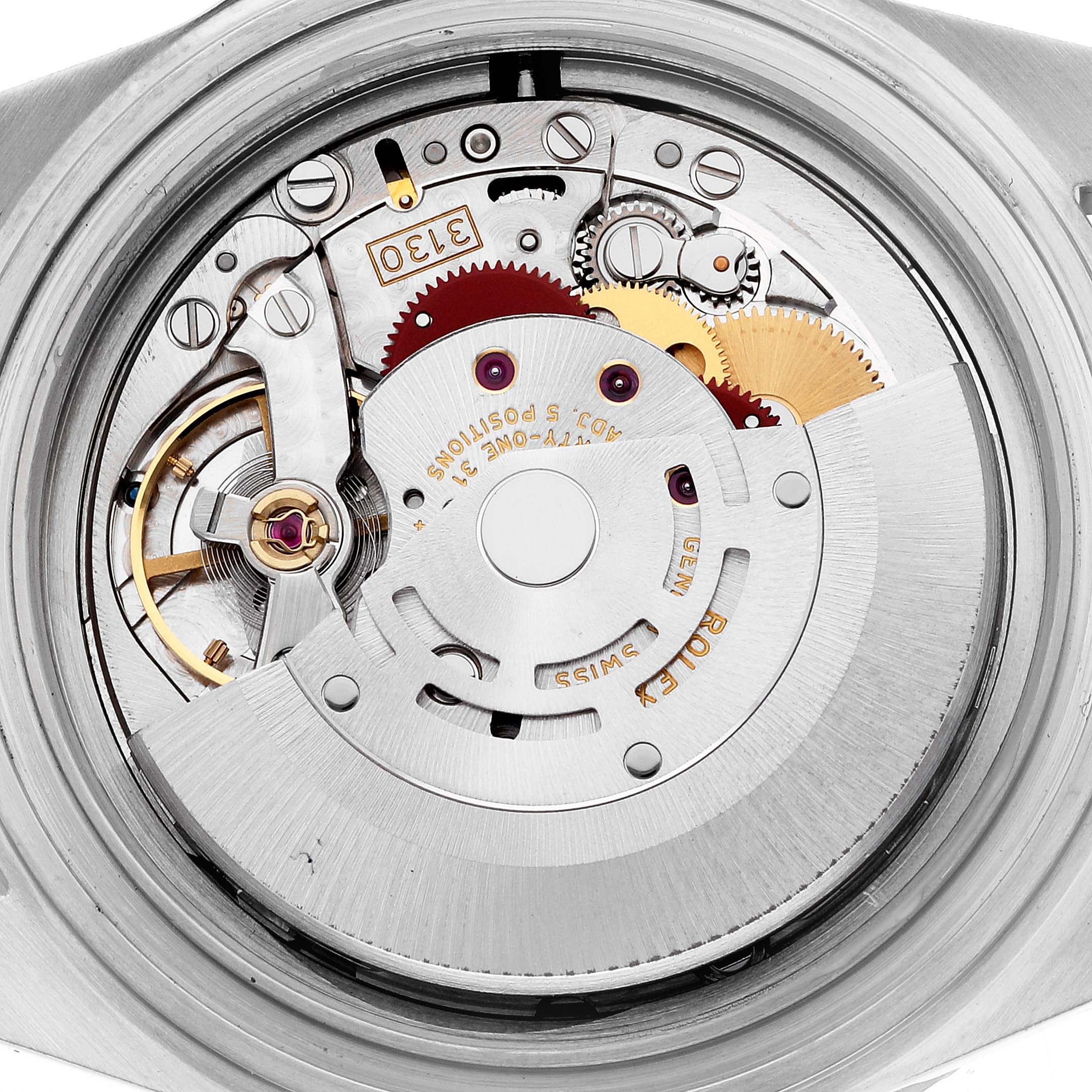 This image shows the internal mechanical movement parts of a Rolex Submariner 14060 Men
s Stainless Steel Black Dial 14060 Men
s Stainless Steel Black Dial watch from a rear angle with the case back removed.