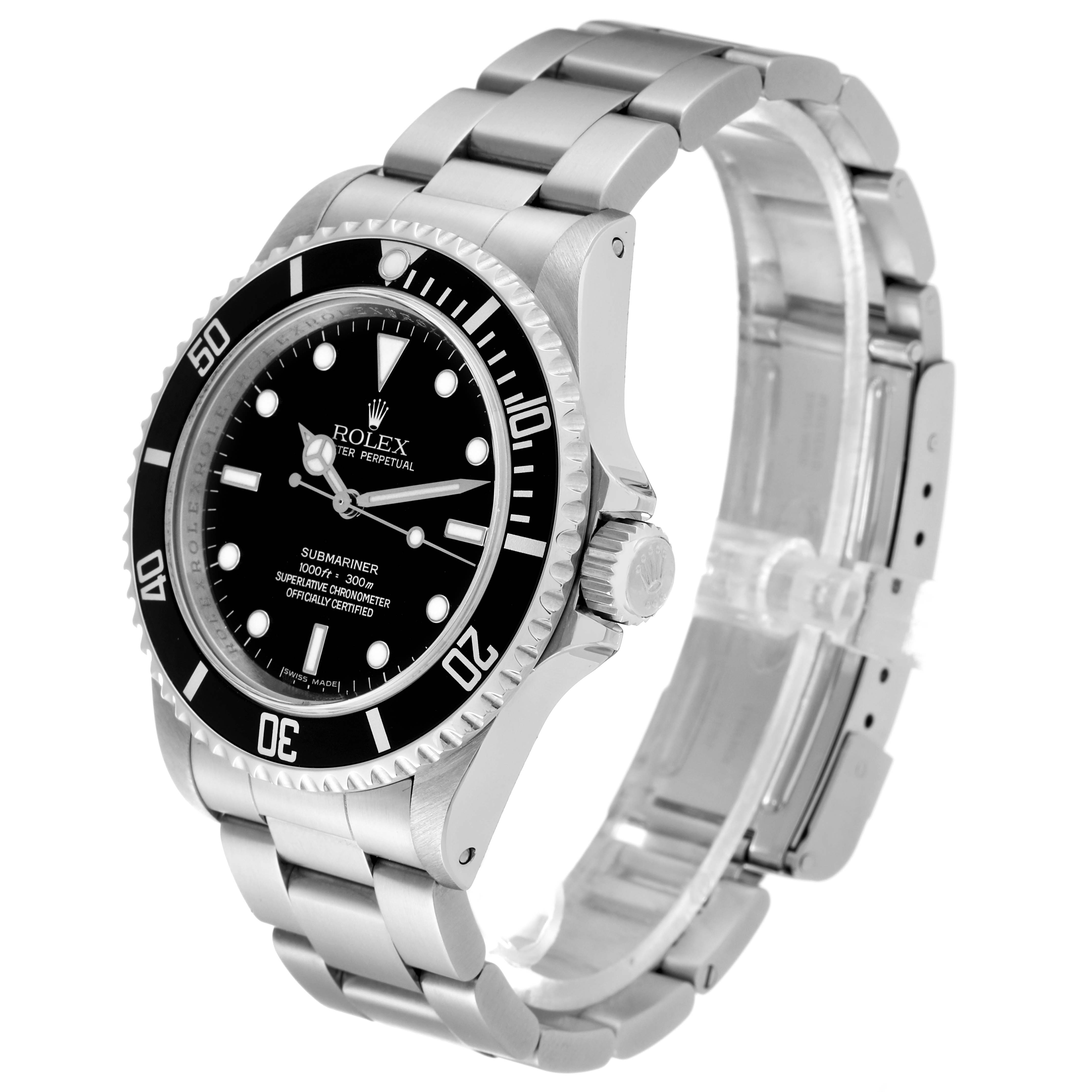 The image shows a Rolex Submariner 14060 Men
s Stainless Steel Black Dial 14060 Men
s Stainless Steel Black Dial watch with a side angle view, highlighting the face, bezel, crown, and stainless steel bracelet.