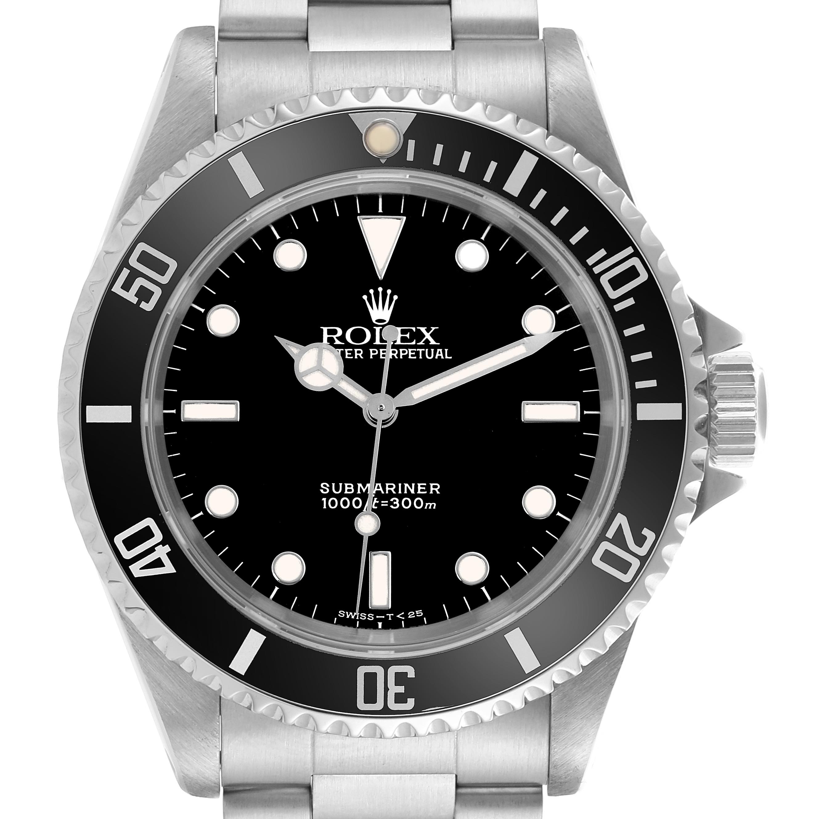 The image shows a front view of the Rolex Submariner 14060 Men's Stainless Steel Black Dial 14060 Men's Stainless Steel Black Dial, displaying the dial, bezel, and bracelet.