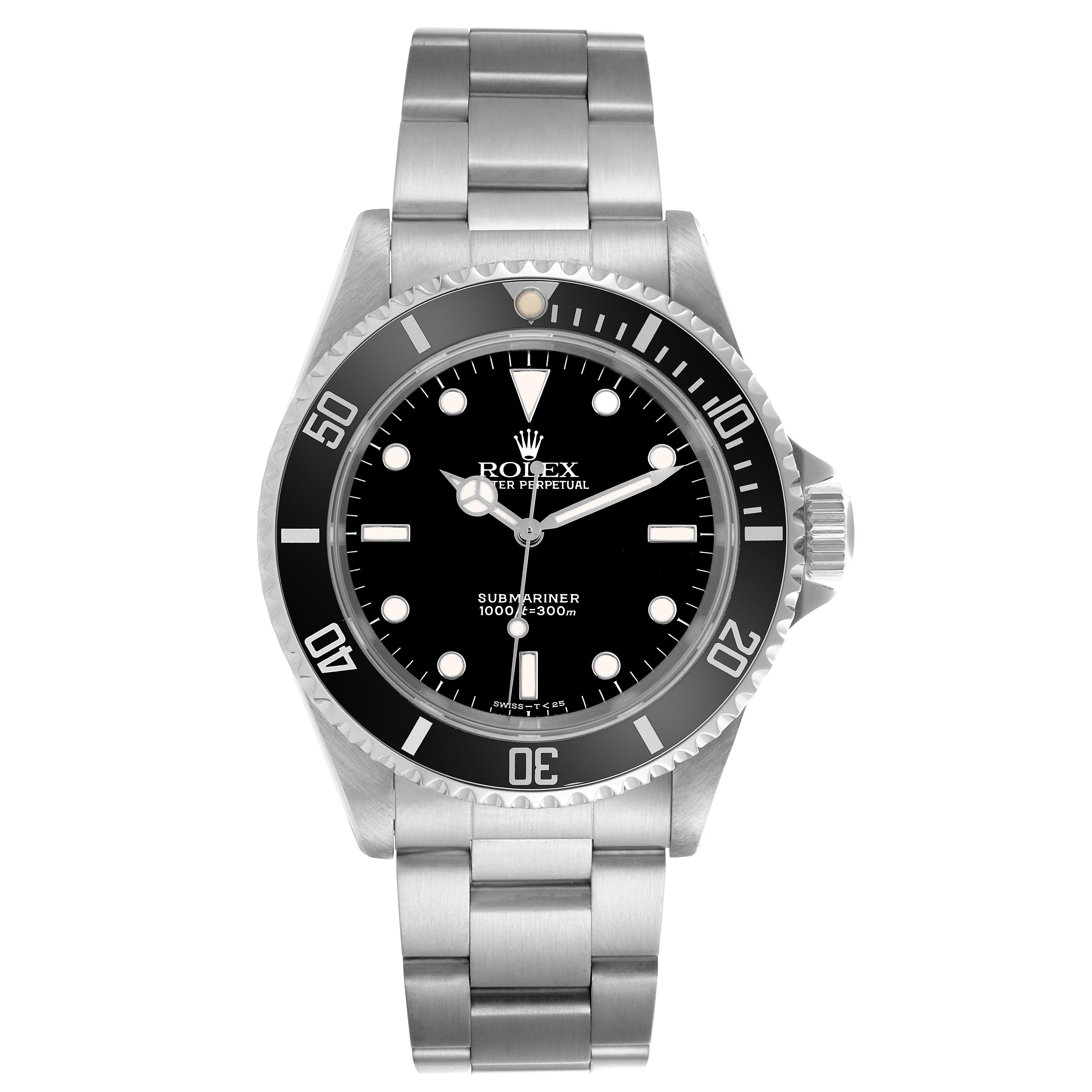 The Rolex Submariner 14060 Men's Stainless Steel Black Dial 14060 Men's Stainless Steel Black Dial watch is shown from a top-down angle, highlighting the dial, bezel, and bracelet.