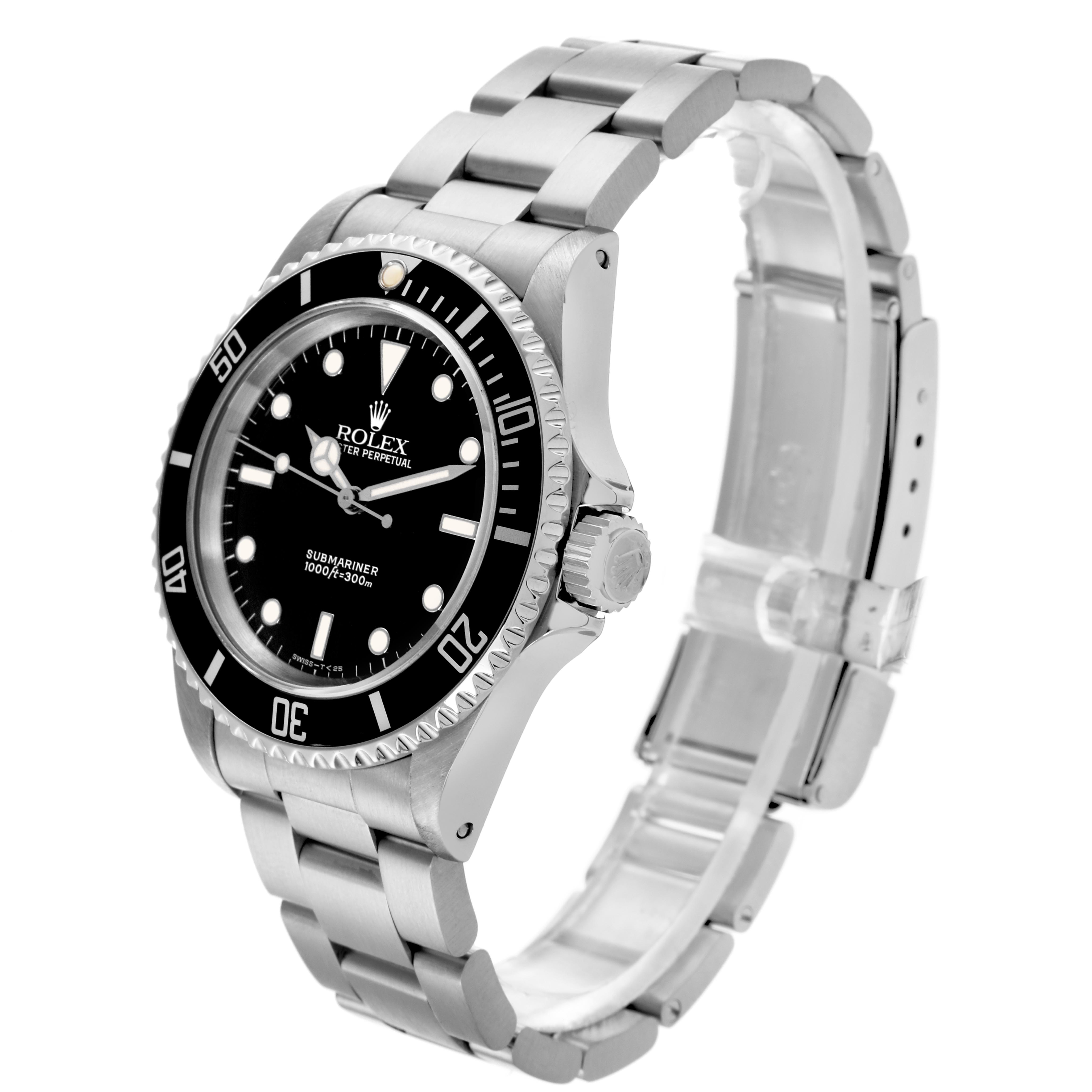 The Rolex Submariner 14060 Men's Stainless Steel Black Dial 14060 Men's Stainless Steel Black Dial watch is shown at a three-quarter angle, highlighting the face, bezel, crown, and part of the bracelet.
