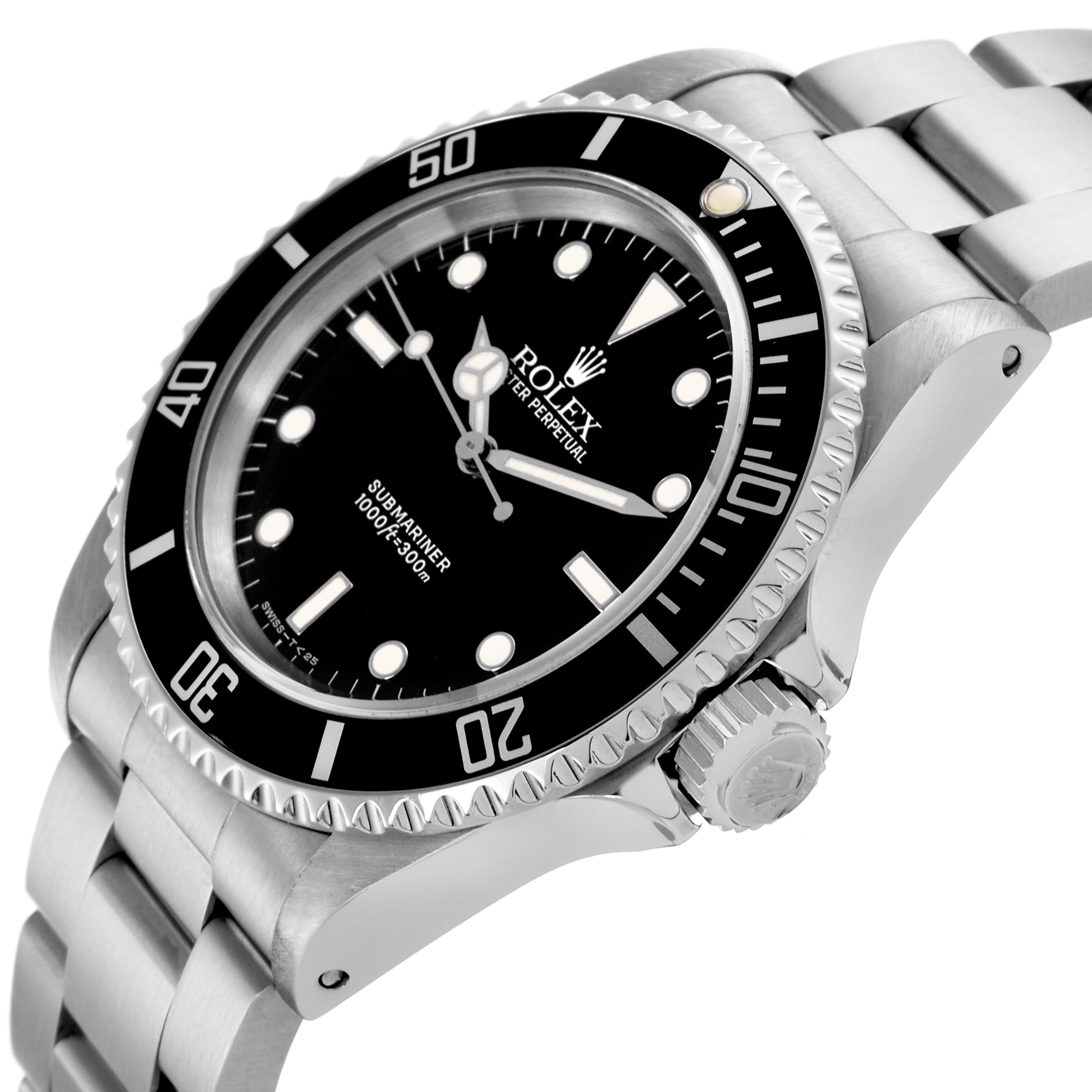 The Rolex Submariner 14060 Men's Stainless Steel Black Dial 14060 Men's Stainless Steel Black Dial watch is shown at an angle highlighting the bezel, crown, dial, lugs, and bracelet.