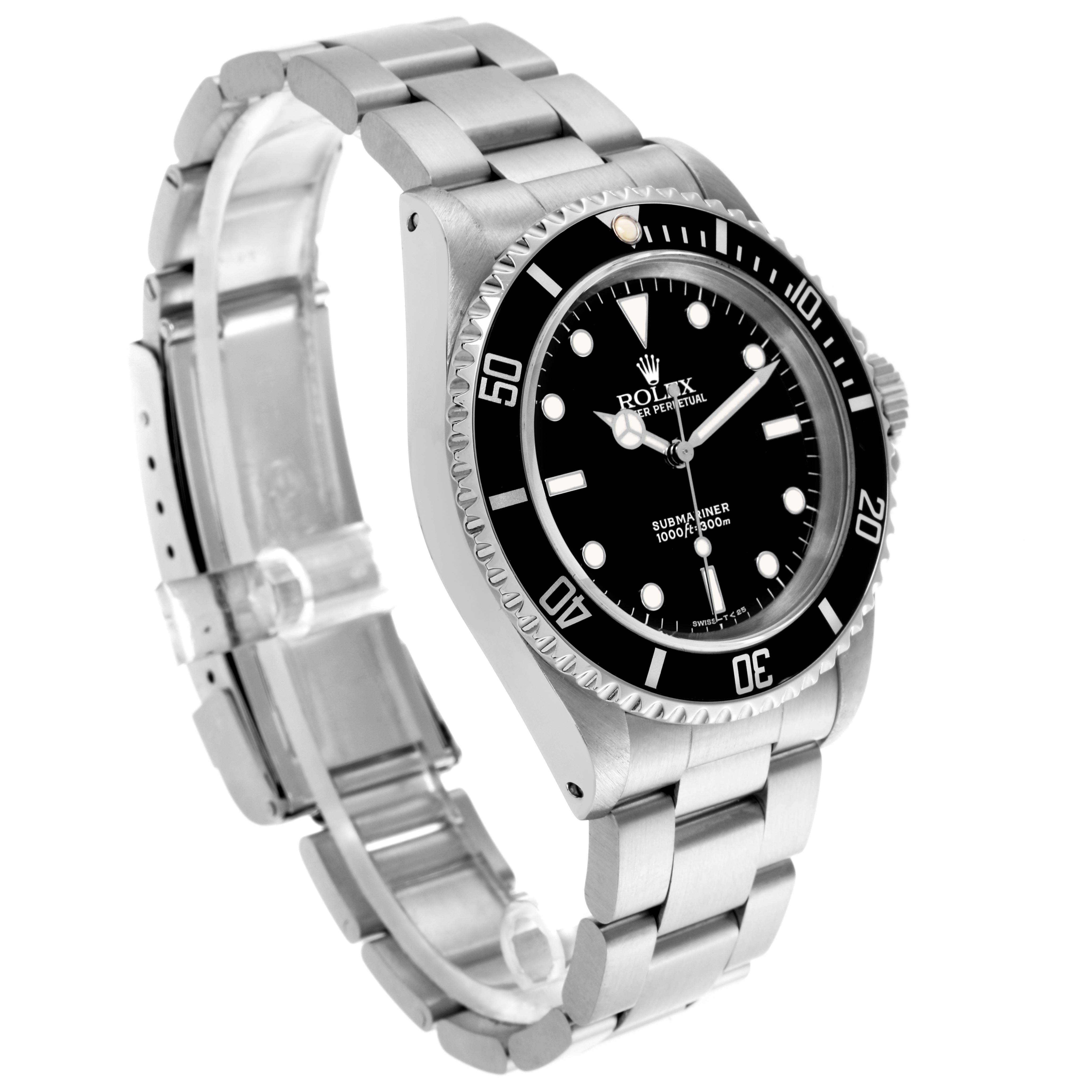 The Rolex Submariner 14060 Men's Stainless Steel Black Dial 14060 Men's Stainless Steel Black Dial watch is shown at a three-quarter angle, highlighting the face, bezel, and bracelet.