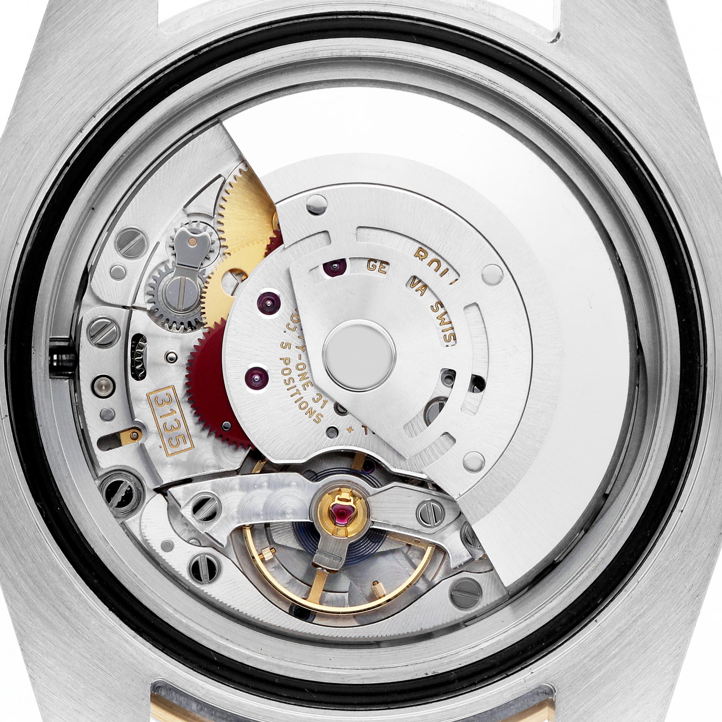 The image shows the movement of a Rolex Submariner 116613LB Men's Steel and Gold (two tone) Blue Dial 116613LB Men's Steel and Gold (two tone) Blue Dial watch viewed from the back, displaying gears and mechanisms.