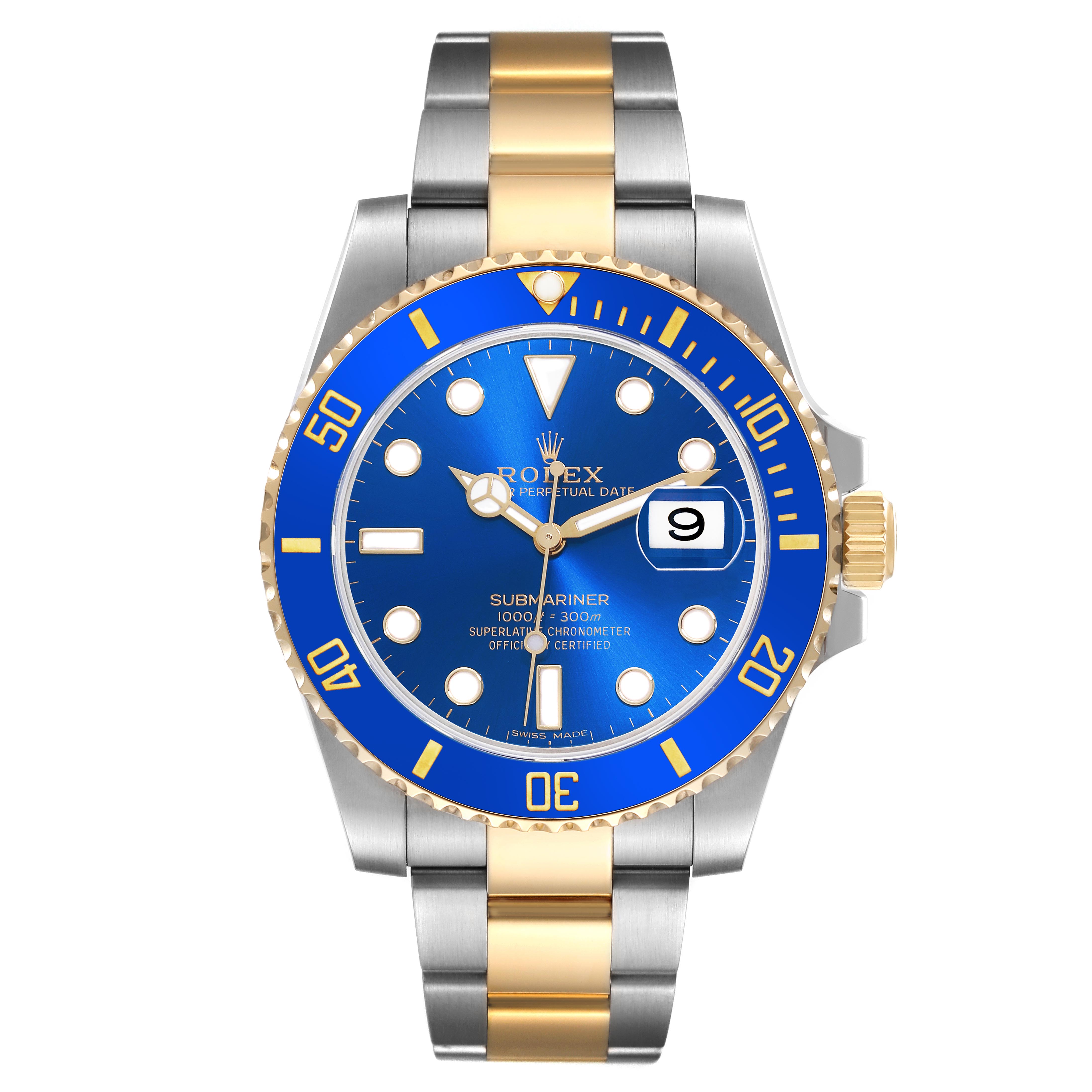The Rolex Submariner 116613LB Men's Steel and Gold (two tone) Blue Dial 116613LB Men's Steel and Gold (two tone) Blue Dial watch is shown from the front, displaying its blue dial, date window, and two-tone bracelet.