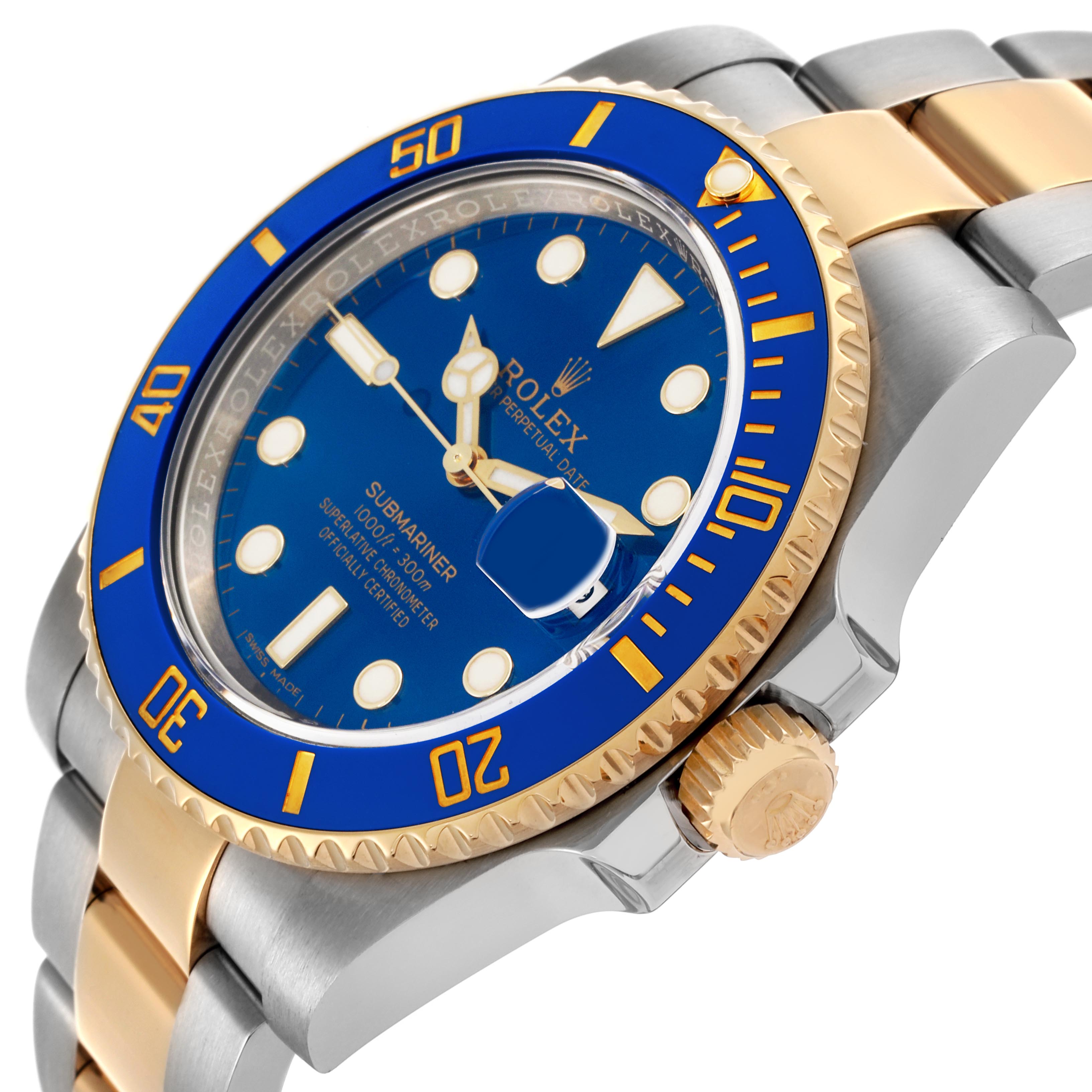 The Rolex Submariner 116613LB Men's Steel and Gold (two tone) Blue Dial 116613LB Men's Steel and Gold (two tone) Blue Dial is shown from an angled side view, displaying the blue dial, gold bezel, and two-tone bracelet.