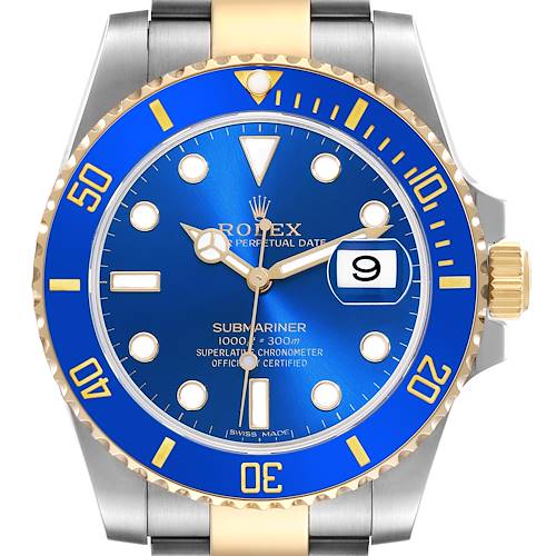 The image shows a front view of a Rolex Submariner watch, highlighting the blue dial, bezel, and gold accents.