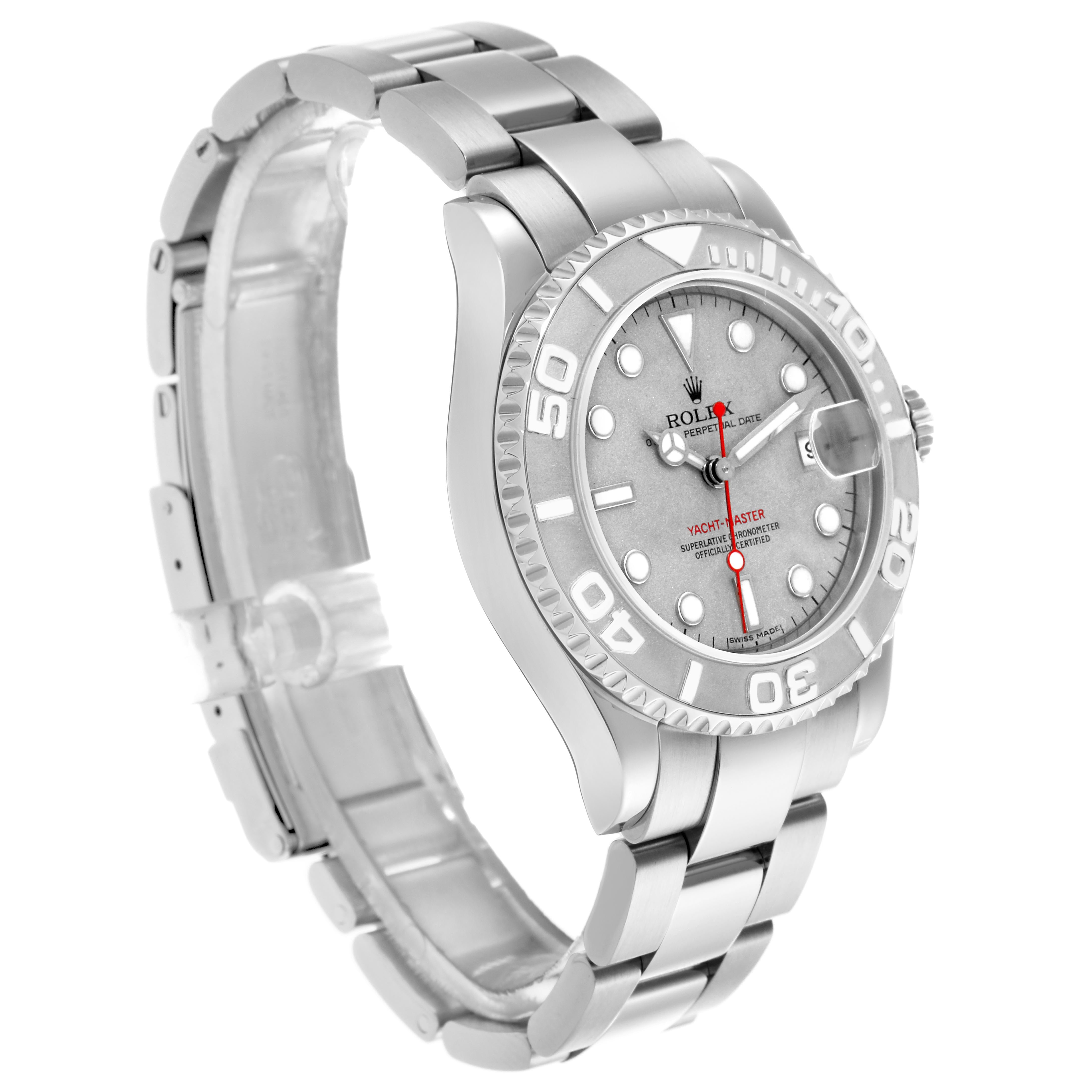 The Rolex Yacht-Master 168622 Men
s Stainless Steel Silver Dial 168622 Men
s Stainless Steel Silver Dial watch is shown at a three-quarter angle, highlighting the bezel, dial, and bracelet.