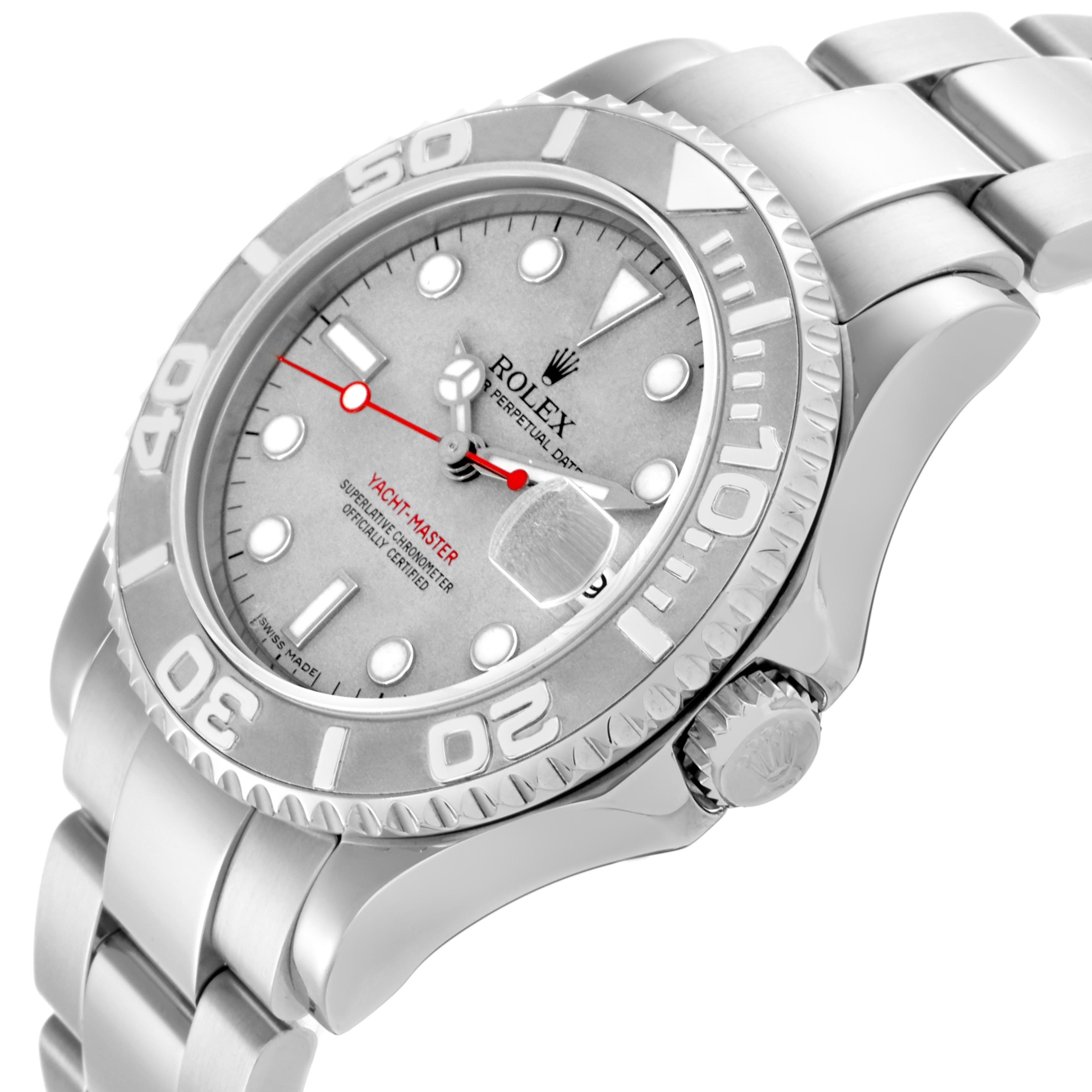 The Rolex Yacht-Master 168622 Men
s Stainless Steel Silver Dial 168622 Men
s Stainless Steel Silver Dial watch is shown at an angled side view, displaying the bracelet, bezel, dial, and crown.