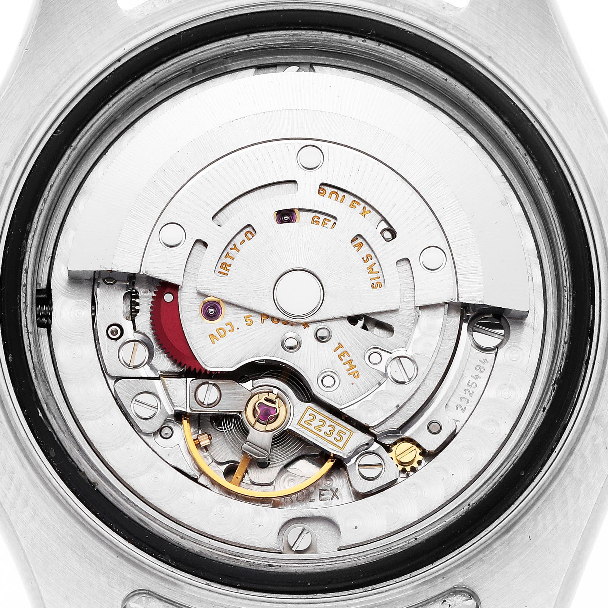 The image shows a close-up of the movement mechanism of a Rolex Yacht-Master 168622 Men
s Stainless Steel Silver Dial 168622 Men
s Stainless Steel Silver Dial watch from the back.