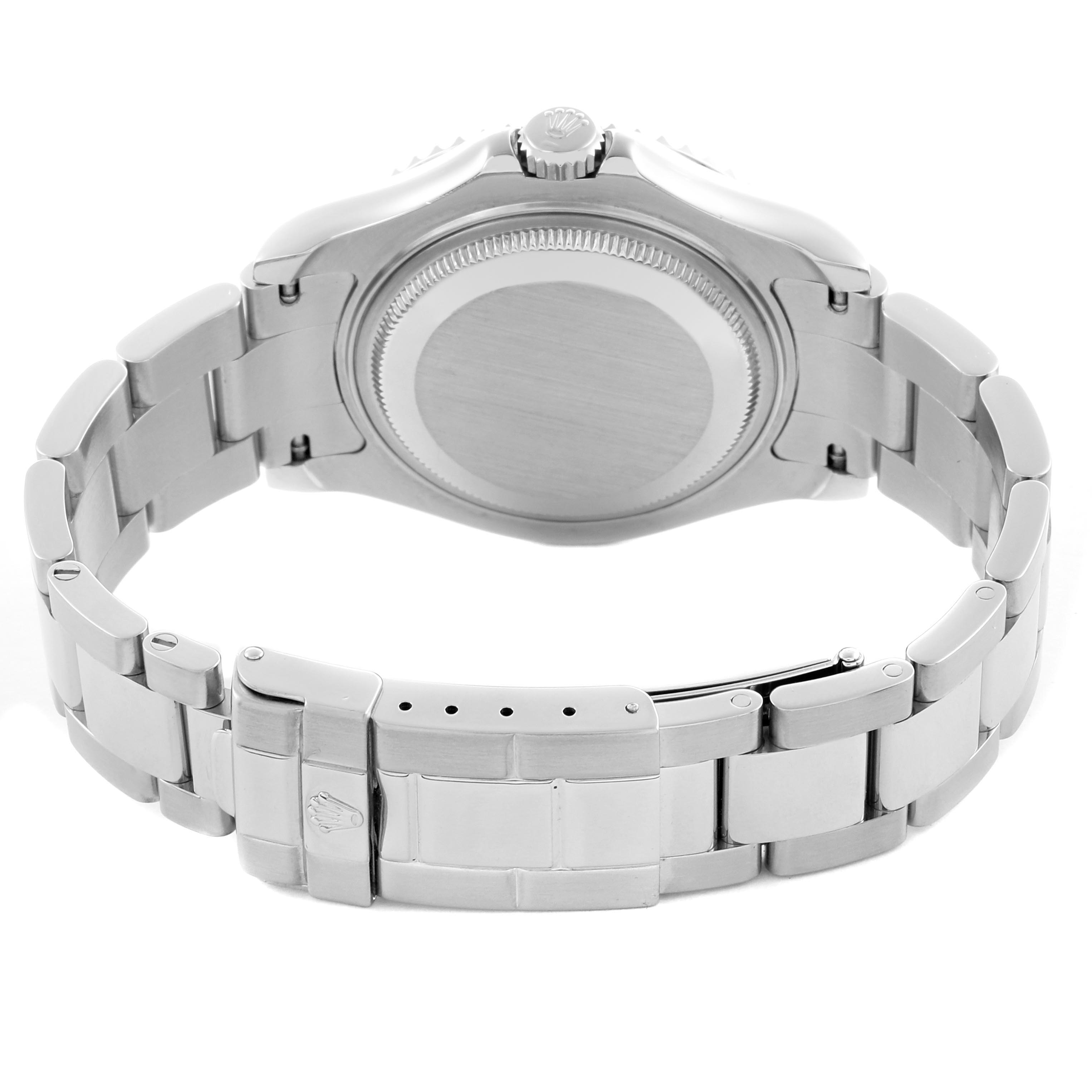 The image shows the back view of a Rolex Yacht-Master 168622 Men
s Stainless Steel Silver Dial 168622 Men
s Stainless Steel Silver Dial, highlighting the bracelet and clasp.