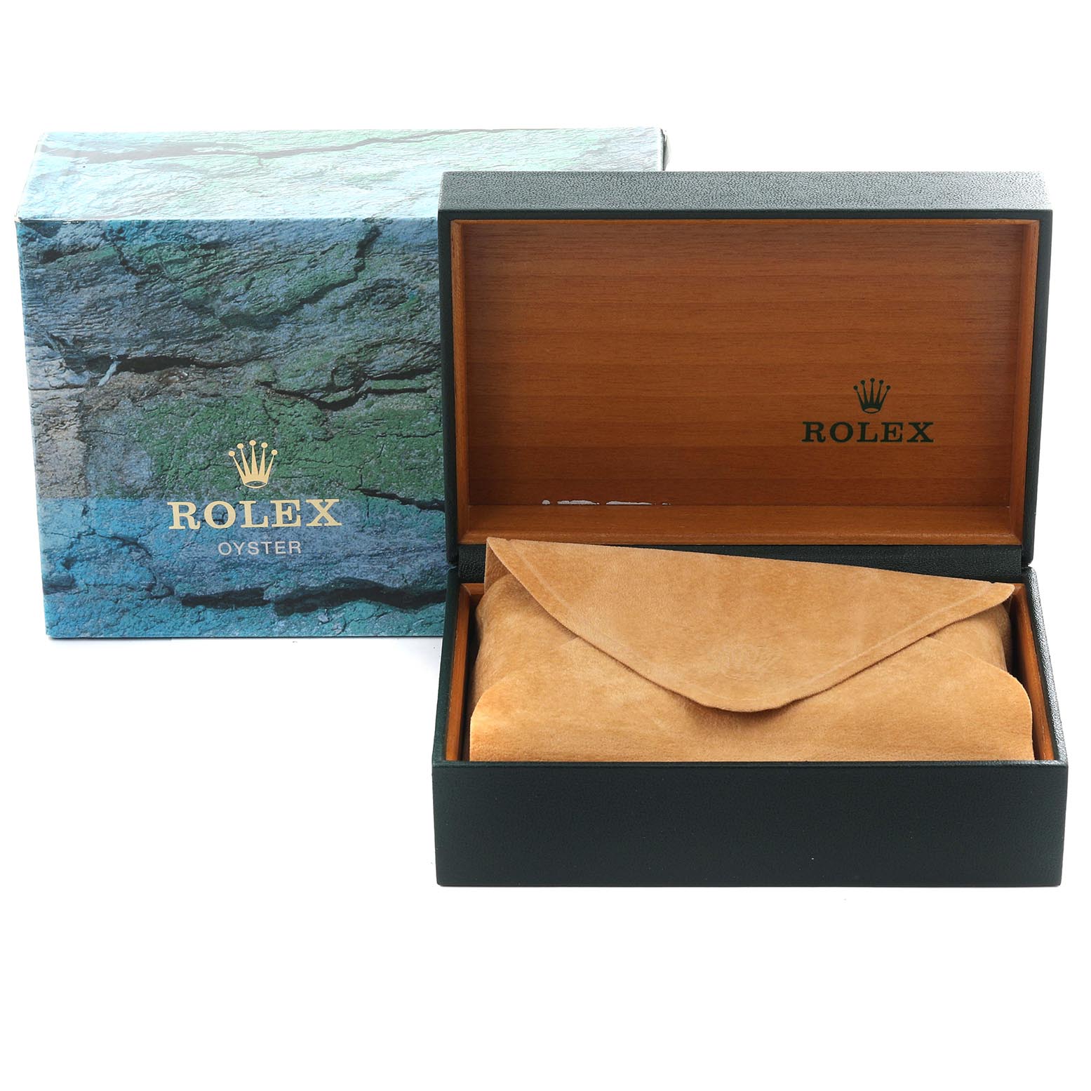 The image shows the Rolex Yacht-Master 168622 Men
s Stainless Steel Silver Dial 168622 Men
s Stainless Steel Silver Dial watch box open, revealing a protective pouch inside, with the outer box nearby.