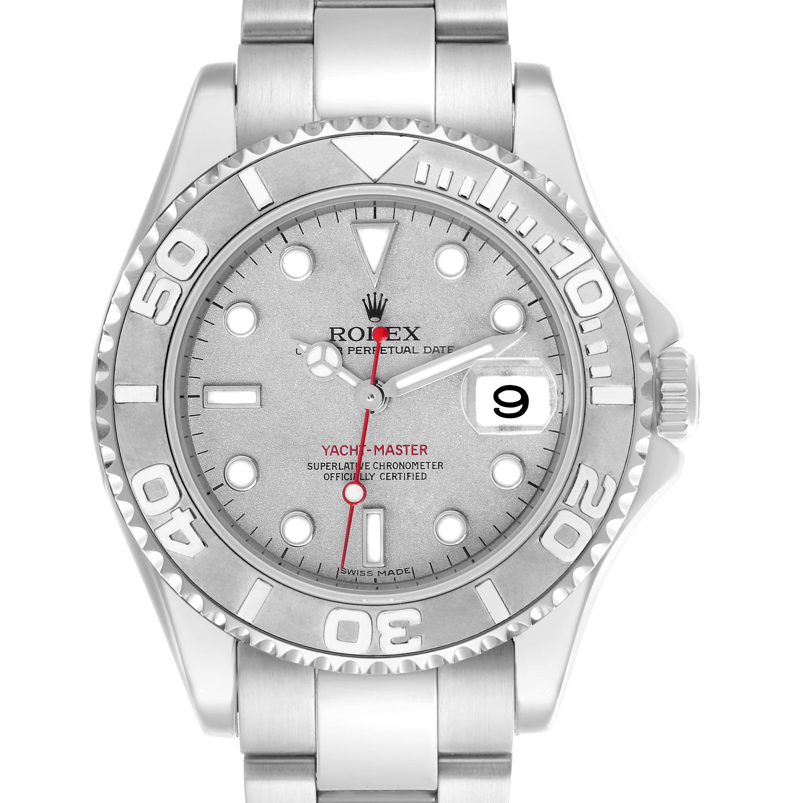 The Rolex Yacht-Master 168622 Men
s Stainless Steel Silver Dial 168622 Men
s Stainless Steel Silver Dial watch is shown from a top-down angle, highlighting the dial, bezel, crown, and part of the bracelet.