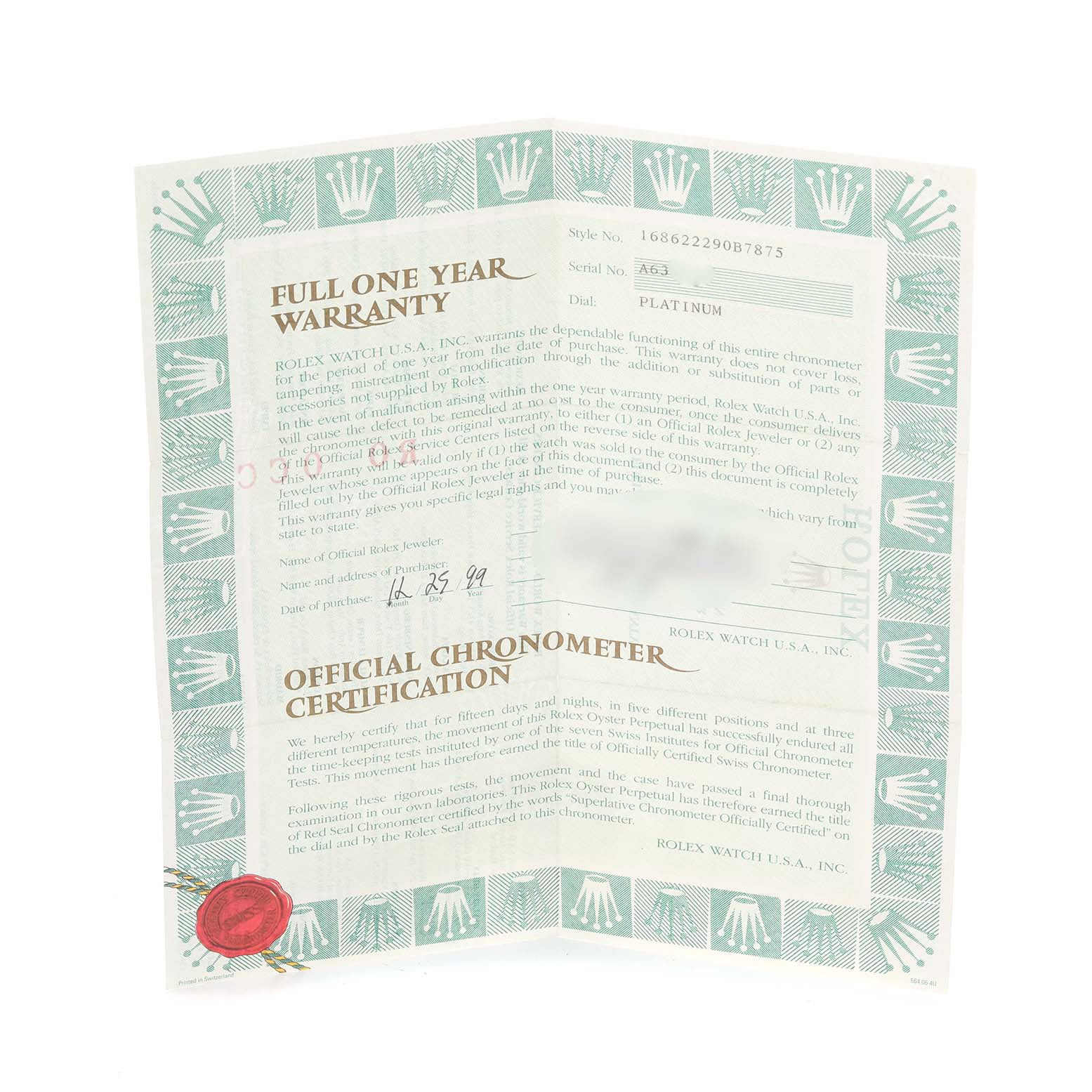 The image shows a full one-year warranty certificate for a Rolex Turn-o-Graph 168622 Men's Stainless Steel Silver Dial 168622 Men's Stainless Steel Silver Dial watch, with brand logos along the border.