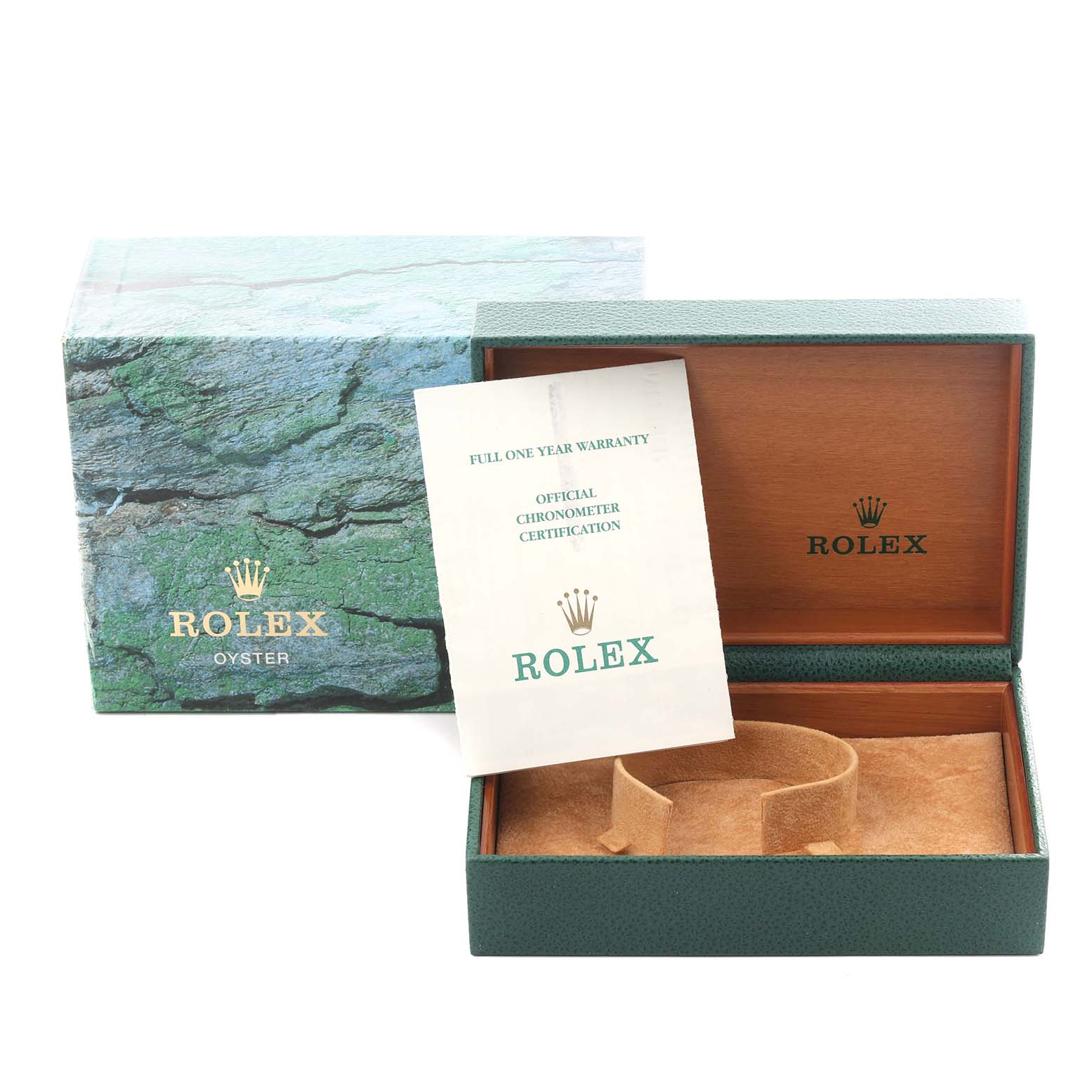 The image shows a Rolex Turn-o-Graph 168622 Men's Stainless Steel Silver Dial 168622 Men's Stainless Steel Silver Dial box with a warranty card and certification, displayed from an angled top view.