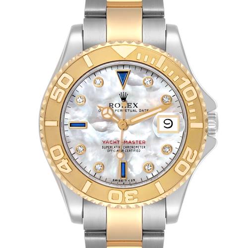 The Rolex Yacht-Master watch is shown from the front, featuring the dial, bezel, and parts of the bracelet.