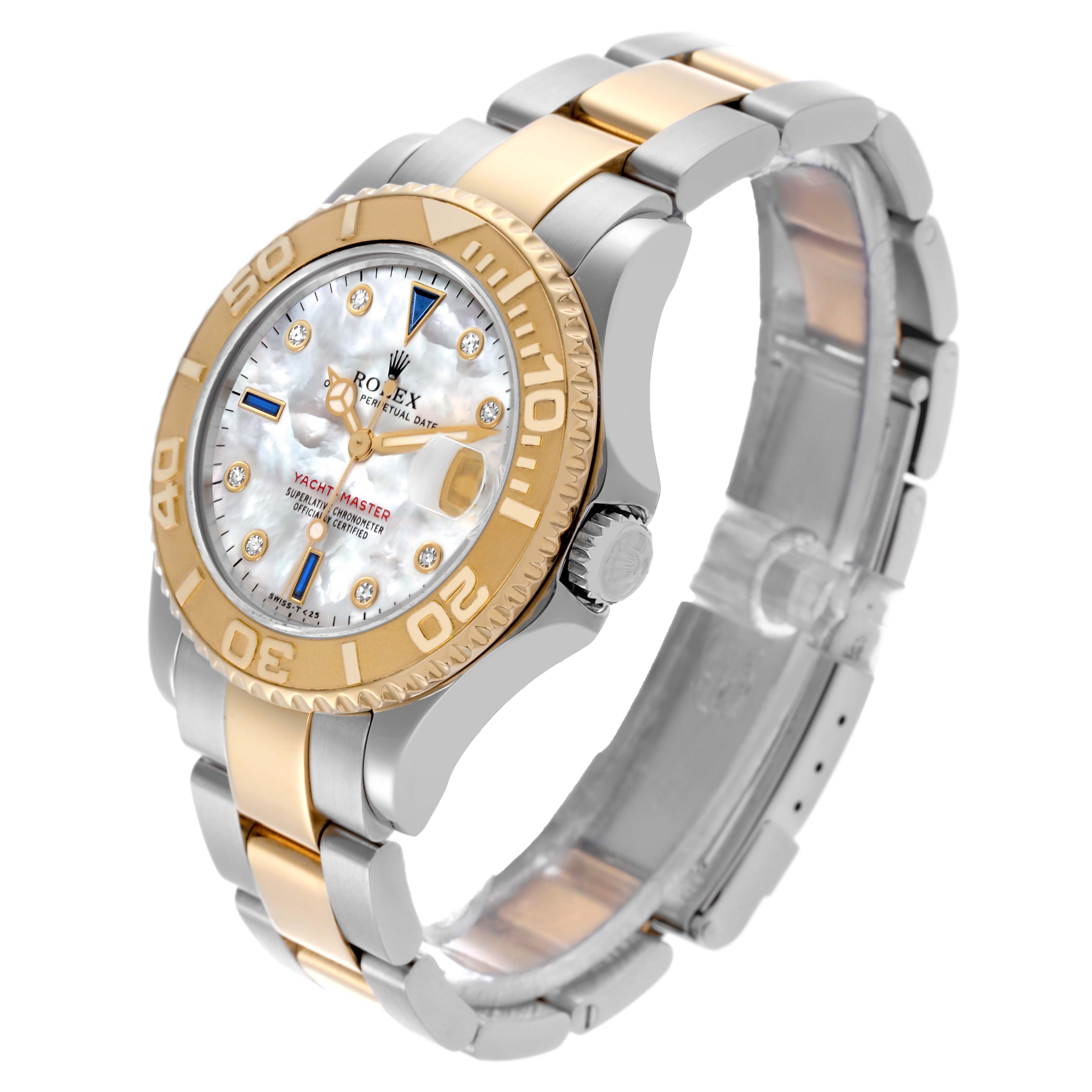 The Rolex Yacht-Master 68623 Men's Steel and Gold (two tone) Mother of Pearl Dial 68623 Men's Steel and Gold (two tone) Mother of Pearl Dial is shown at a slight angle, highlighting the bezel, dial, and part of the bracelet.