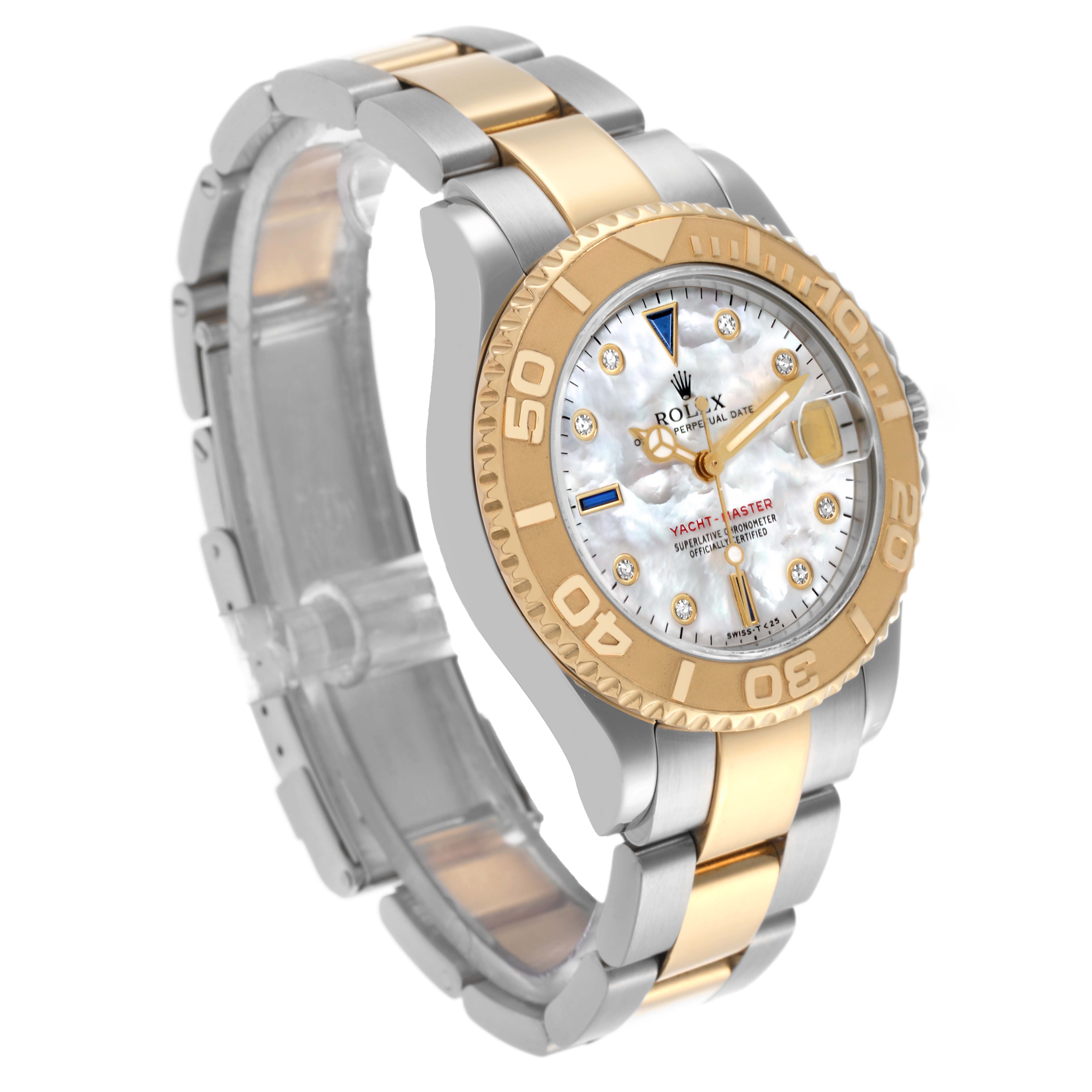 The Rolex Yacht-Master 68623 Men's Steel and Gold (two tone) Mother of Pearl Dial 68623 Men's Steel and Gold (two tone) Mother of Pearl Dial watch is shown at an angled view, highlighting the bracelet, bezel, and face.