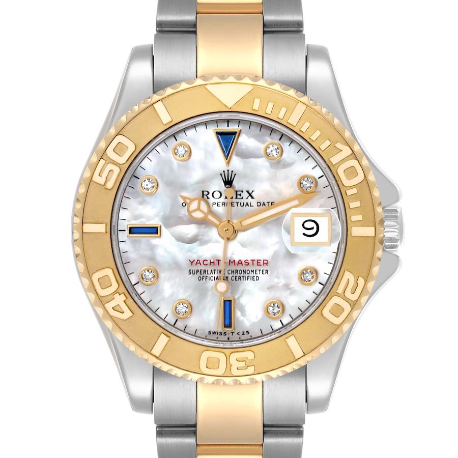 The Rolex Yacht-Master watch is shown front-on, highlighting its gold bezel, mother-of-pearl dial, and two-tone bracelet.