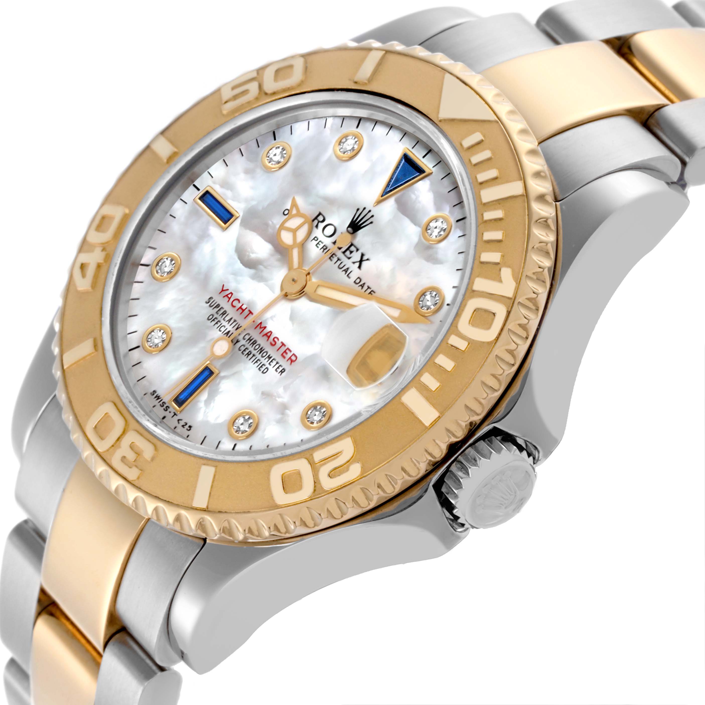 The Rolex Yacht-Master 68623 Men's Steel and Gold (two tone) Mother of Pearl Dial 68623 Men's Steel and Gold (two tone) Mother of Pearl Dial watch is shown at a tilted angle, highlighting the bezel, crown, and two-tone bracelet.