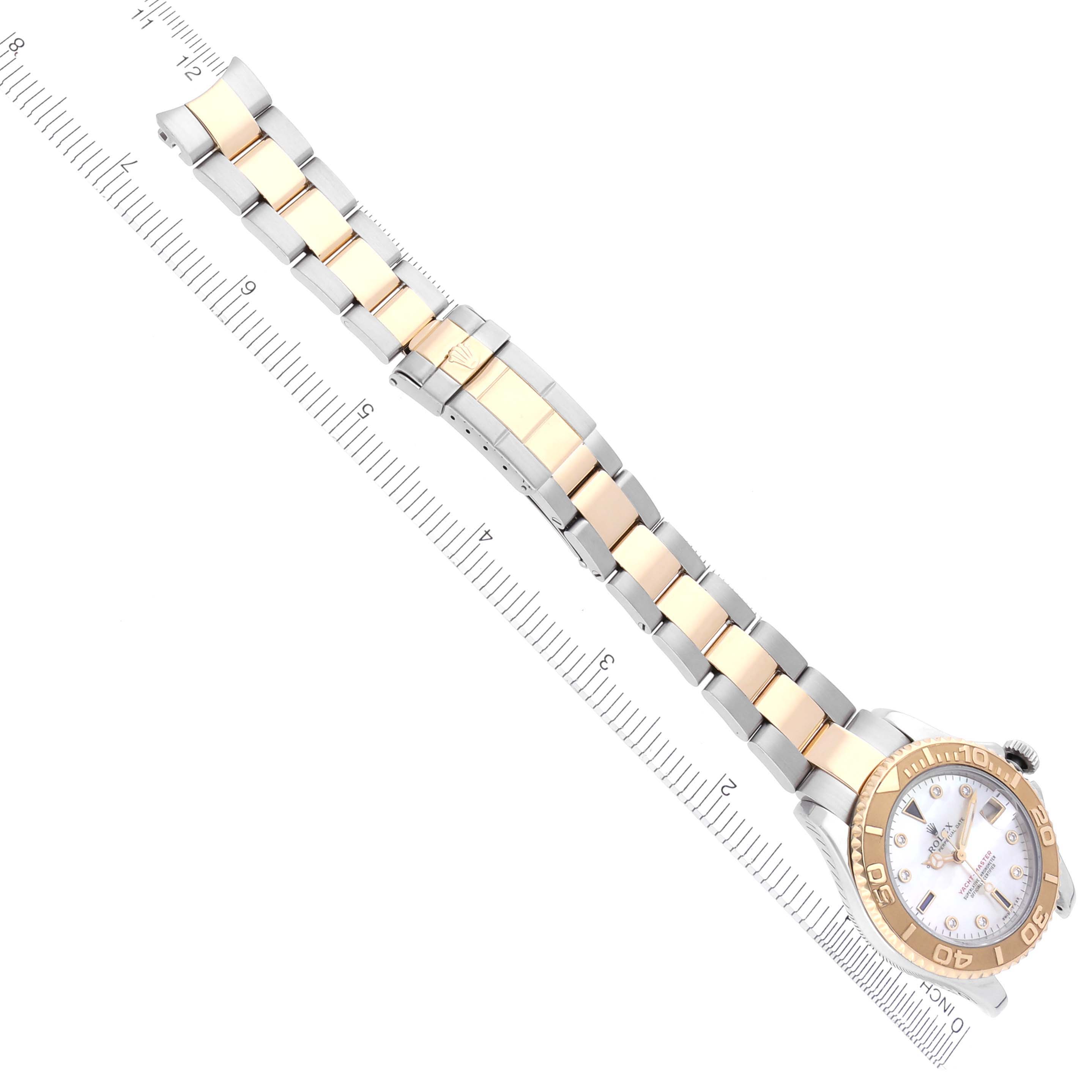 The image shows a top-down view of a Rolex Yacht-Master 68623 Men's Steel and Gold (two tone) Mother of Pearl Dial 68623 Men's Steel and Gold (two tone) Mother of Pearl Dial watch, displaying the full bracelet, bezel, and part of the dial.