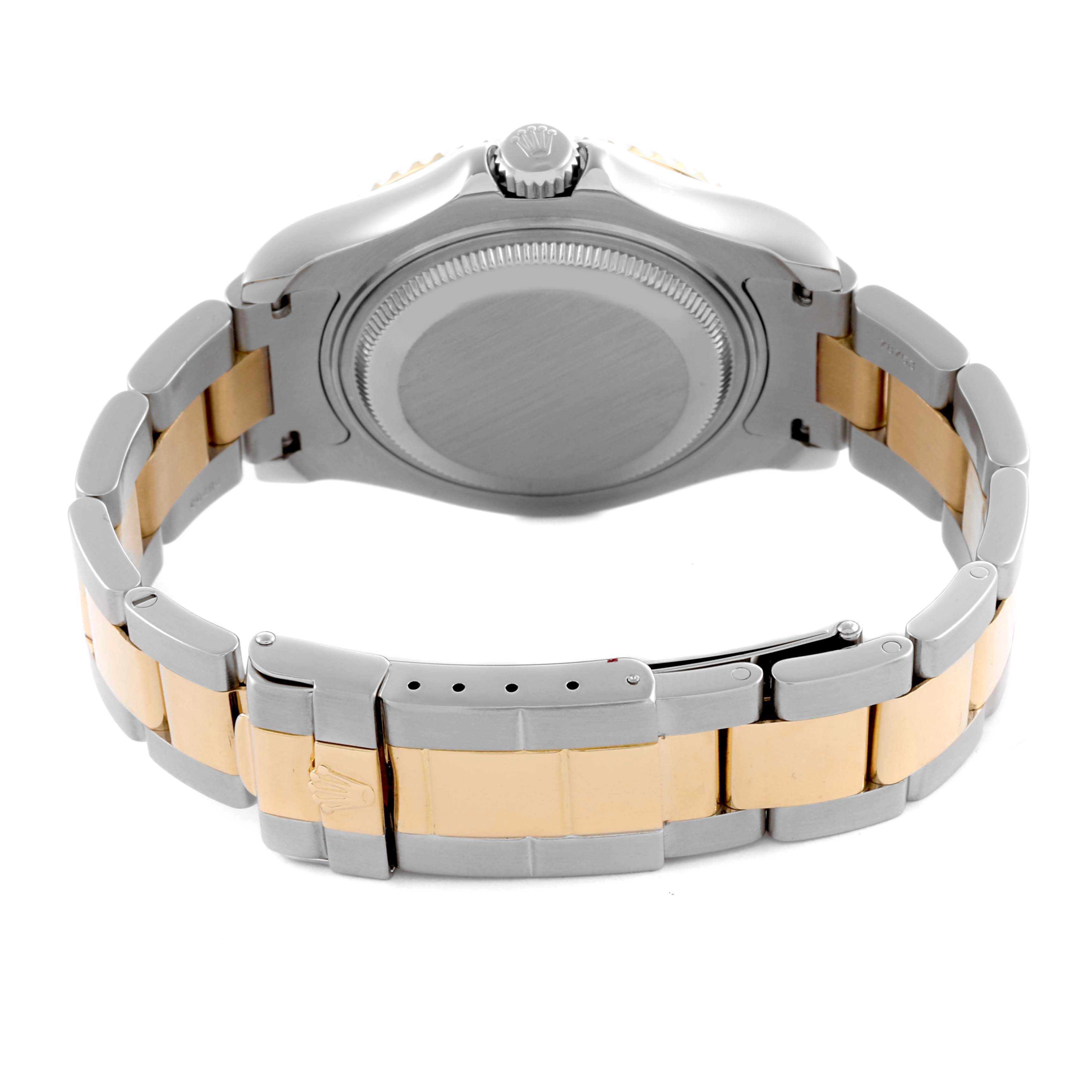 The Rolex Yacht-Master 68623 Men's Steel and Gold (two tone) Mother of Pearl Dial 68623 Men's Steel and Gold (two tone) Mother of Pearl Dial watch is shown from the back, highlighting the case back, crown, and two-tone bracelet.