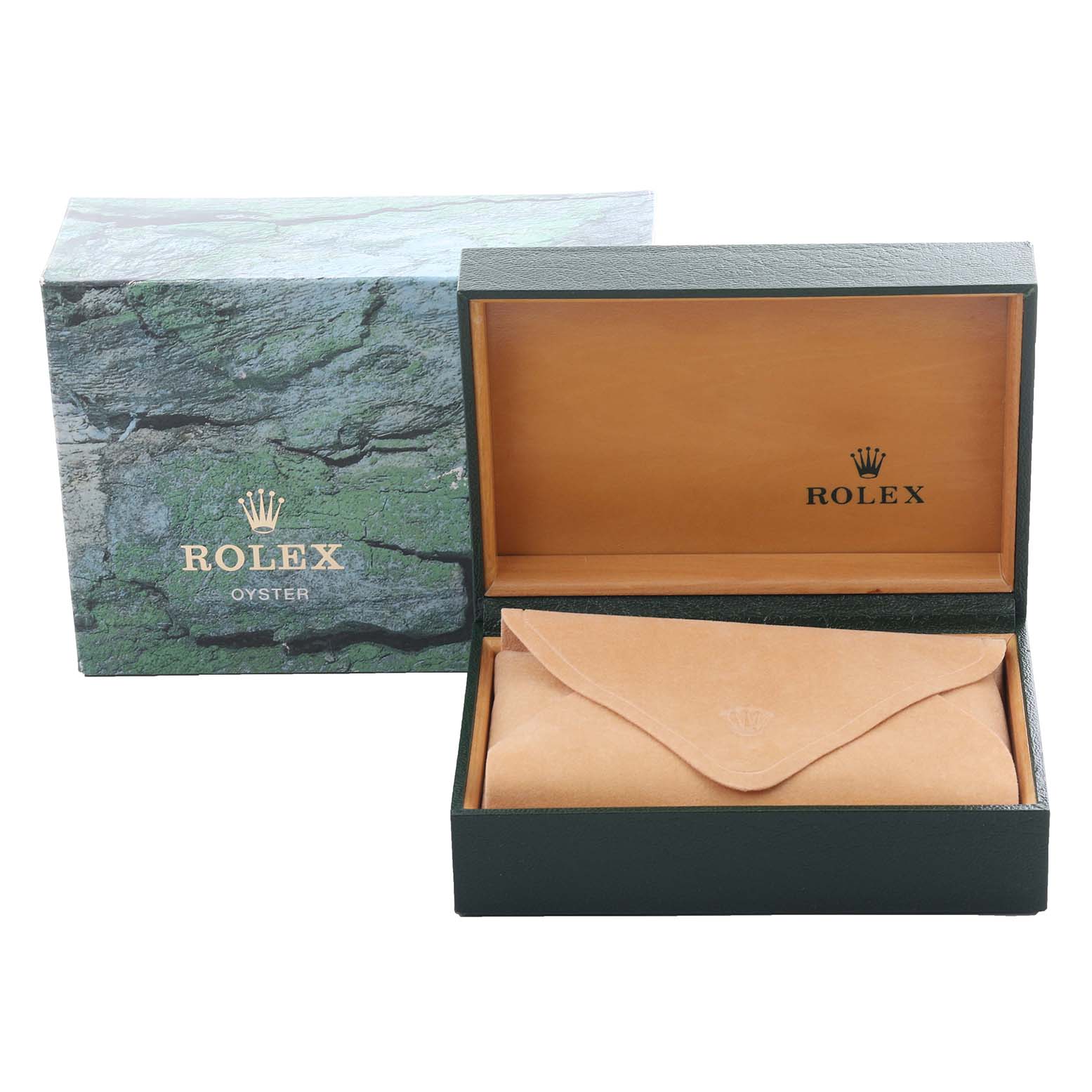 The image shows a Rolex Yacht-Master 68623 Men's Steel and Gold (two tone) Mother of Pearl Dial 68623 Men's Steel and Gold (two tone) Mother of Pearl Dial box, open, displaying a leather pouch inside.